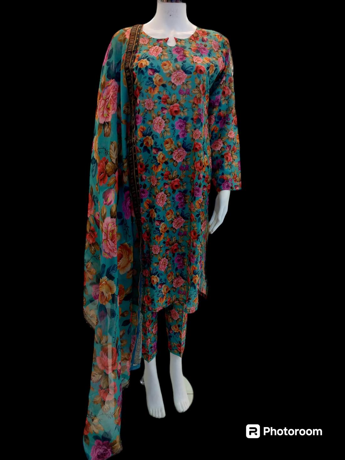Turquoise Multicolour Digital Print Silk Cotton 3 Piece Suit