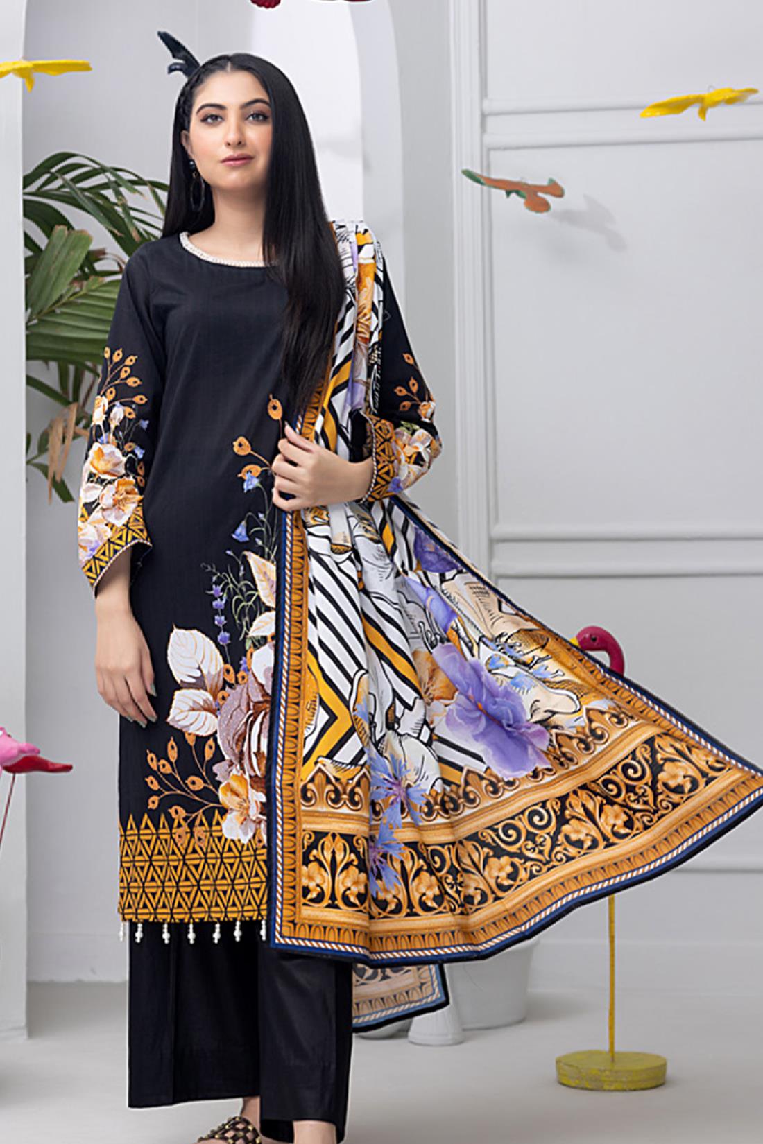Black & Multicolour Digital Print Lawn Ladies Readymade