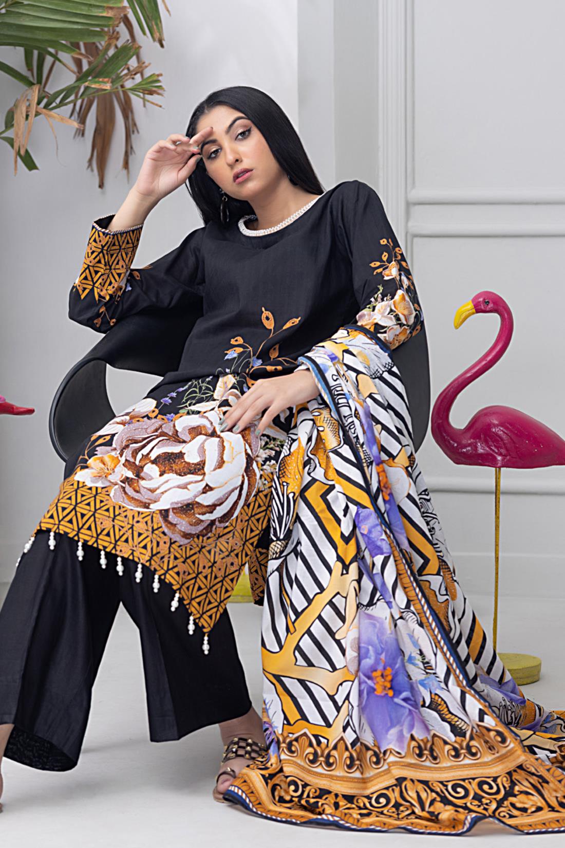 Black & Multicolour Digital Print Lawn Ladies Readymade