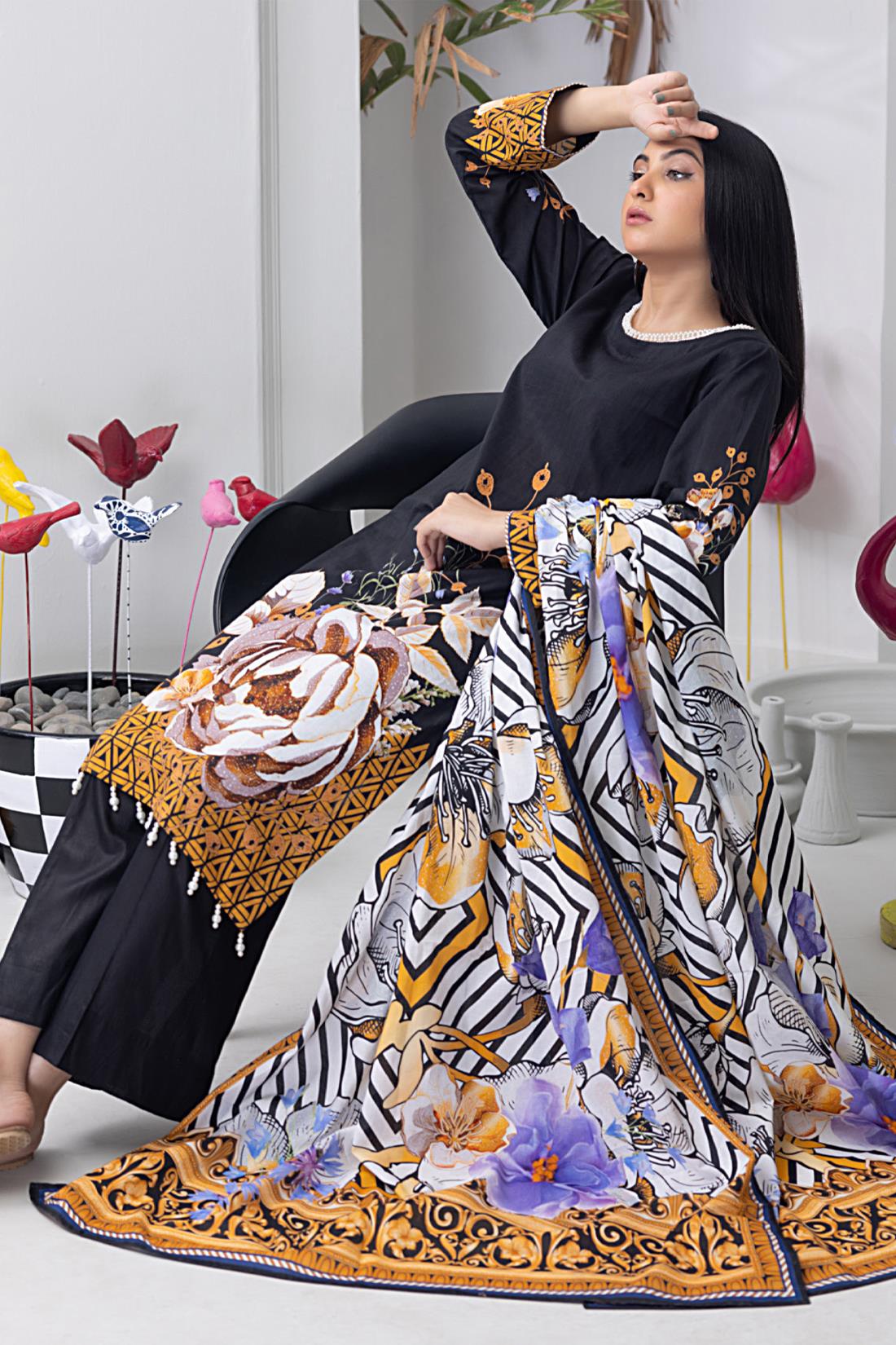 Black & Multicolour Digital Print Lawn Ladies Readymade