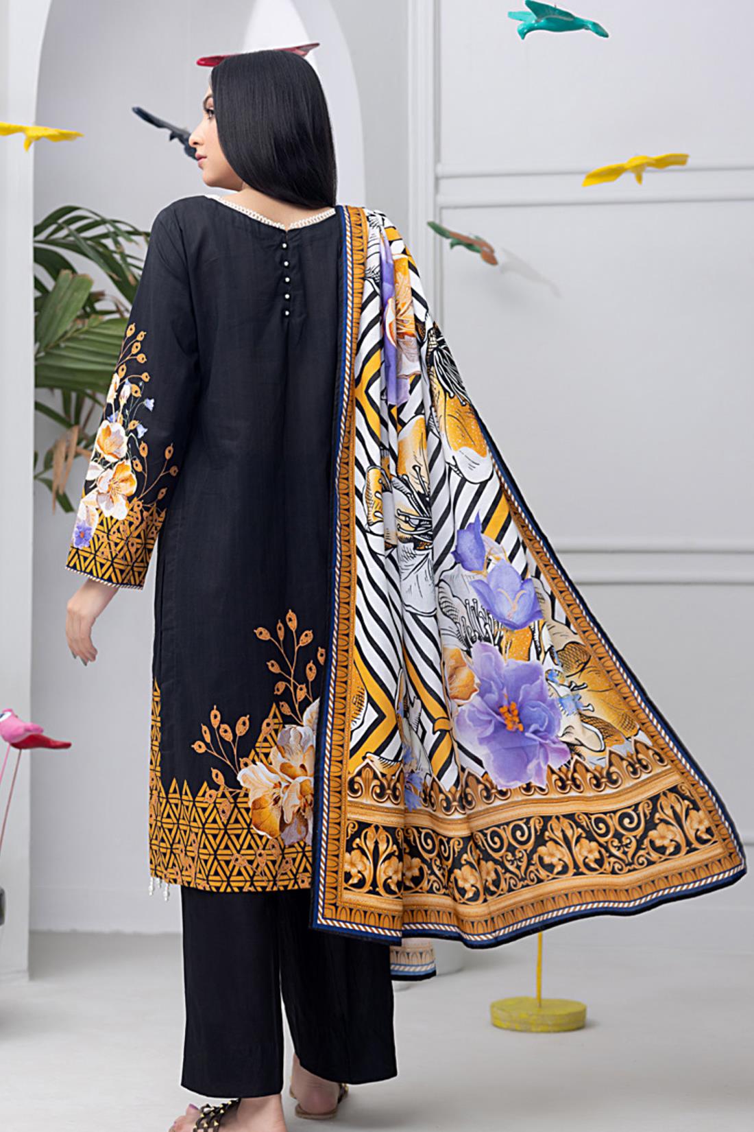 Black & Multicolour Digital Print Lawn Ladies Readymade