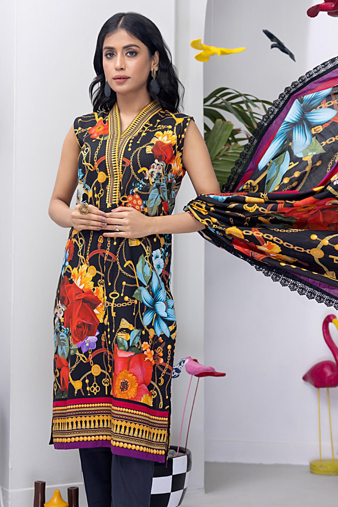 Black & Multicolour Digital Print Lawn Ladies Readymade