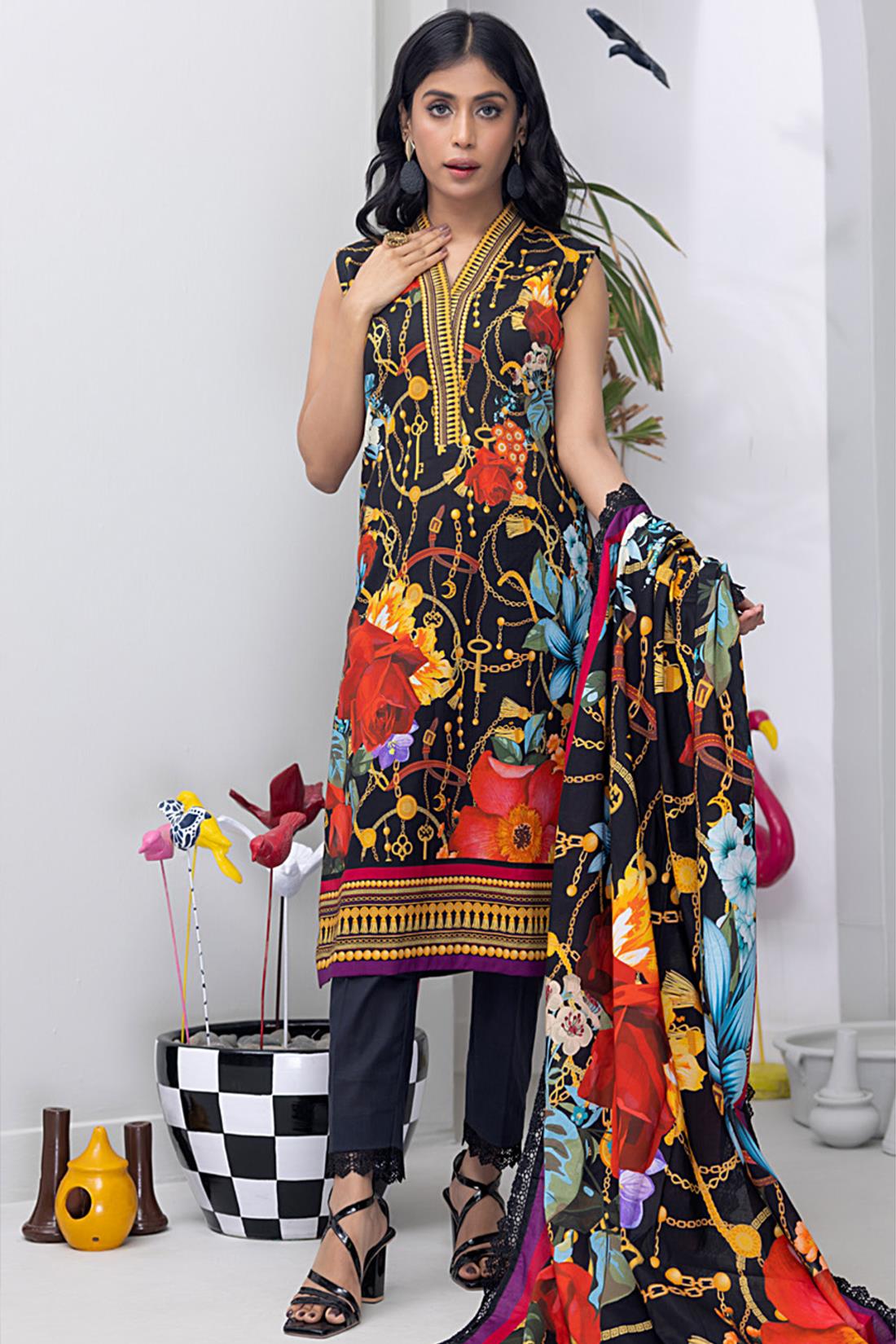 Black & Multicolour Digital Print Lawn Ladies Readymade