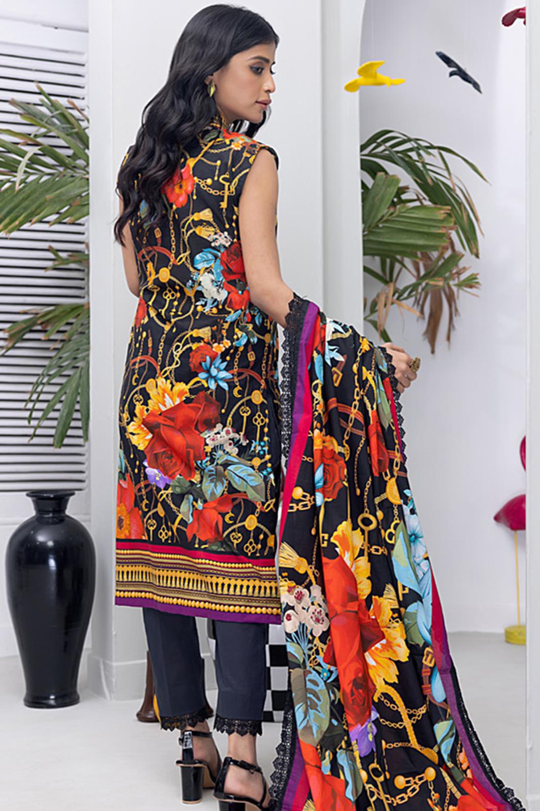 Black & Multicolour Digital Print Lawn Ladies Readymade
