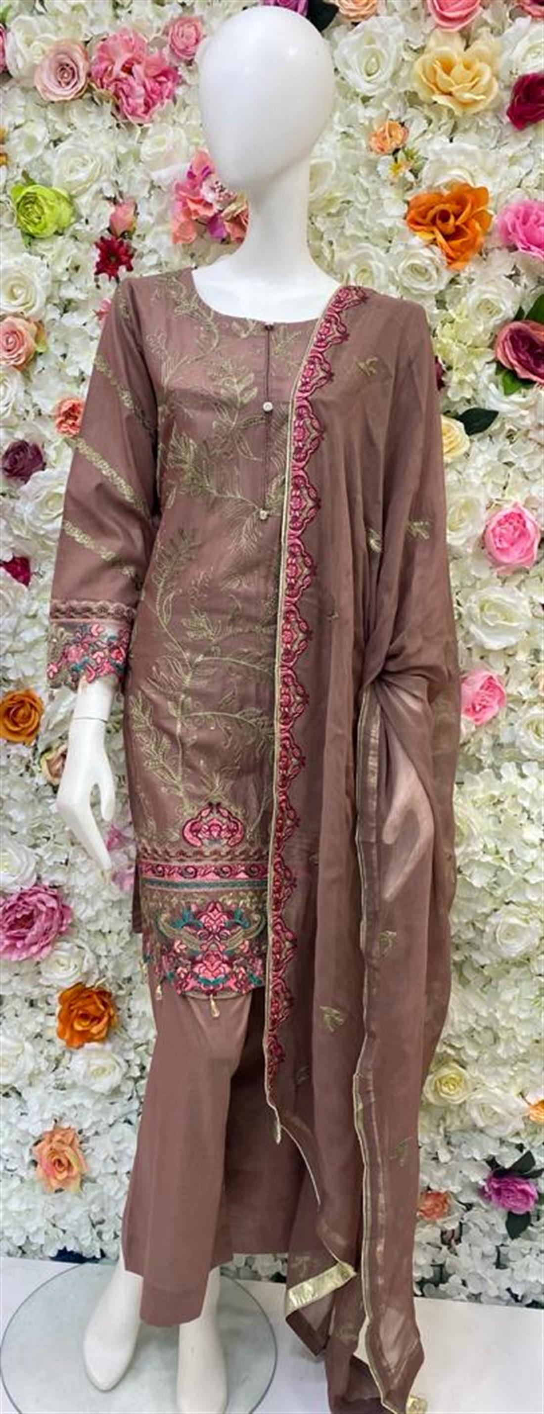 Brown & Pink Brown/Pink 3 Piece Ladies Readymade Salwar Suit