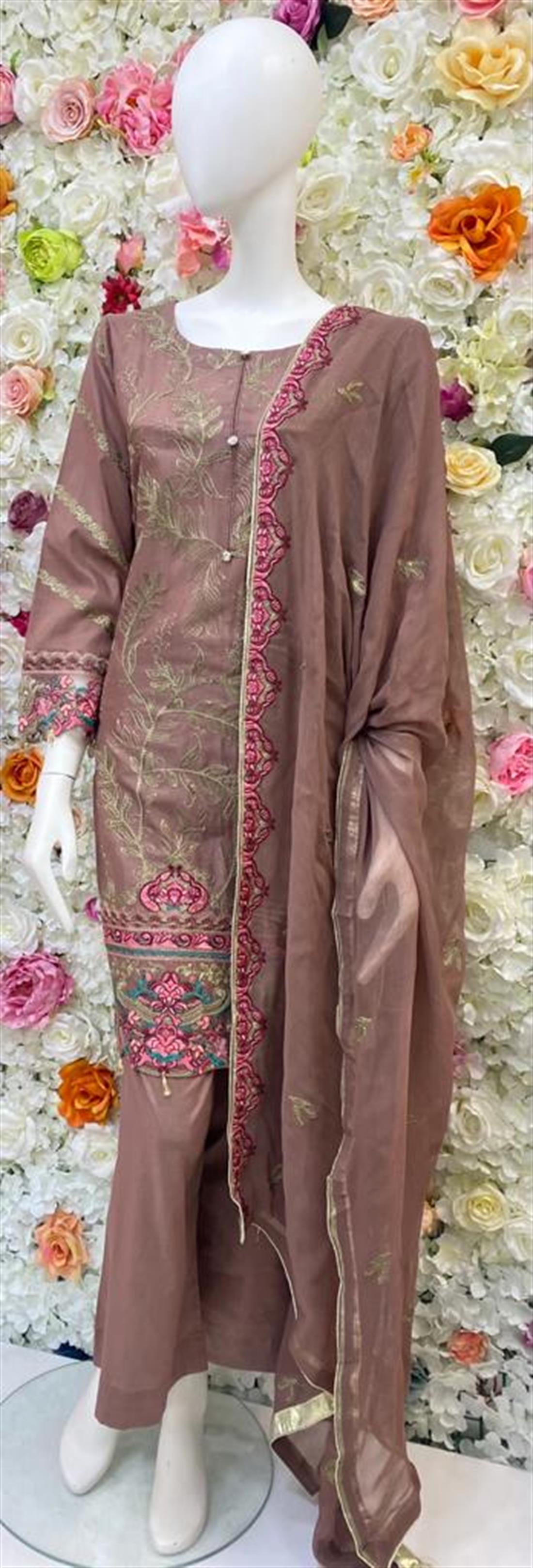 Brown & Pink Brown/Pink 3 Piece Ladies Readymade Salwar Suit