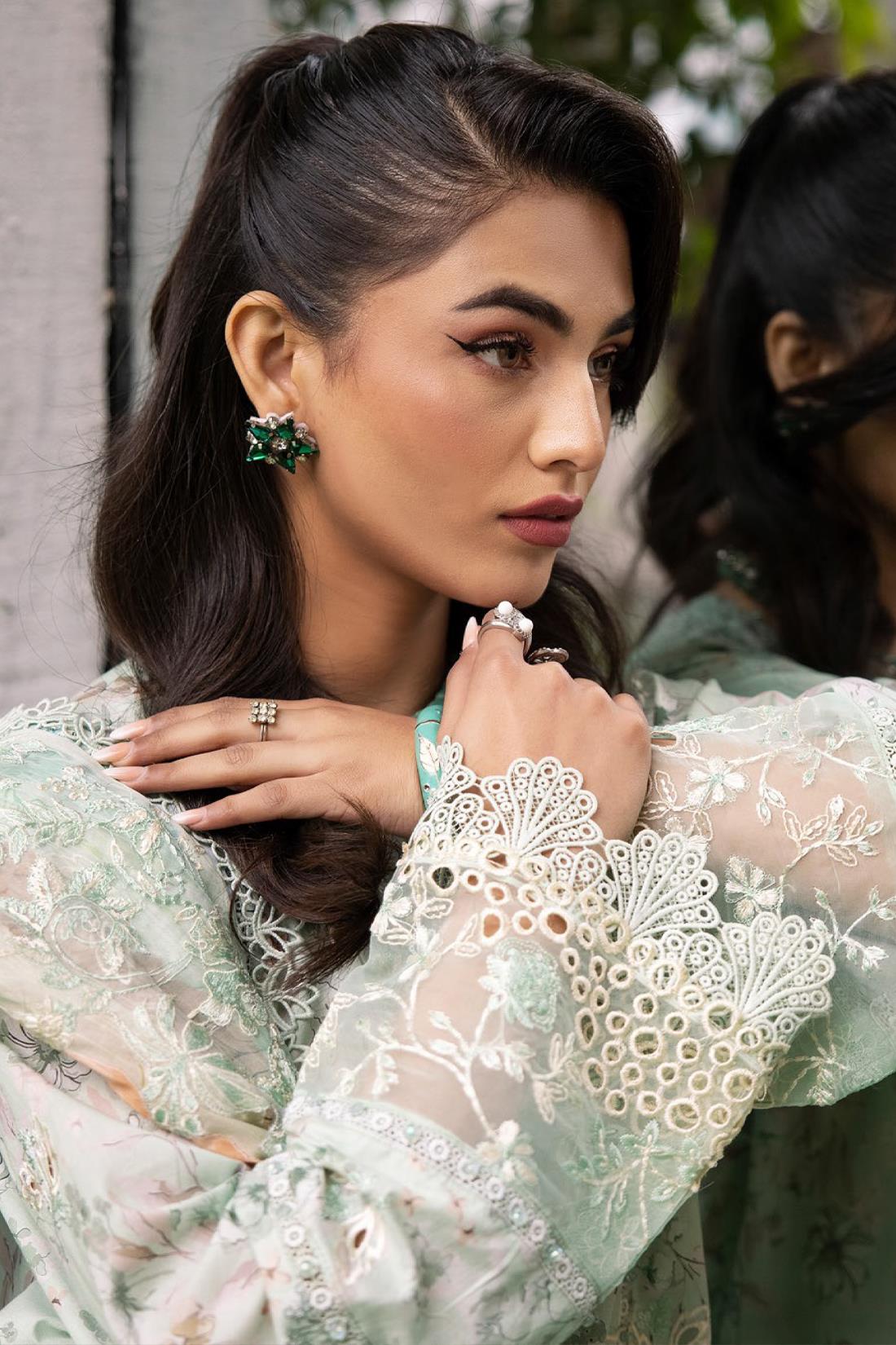 Mint Embroidered Organza Ladies Readymade