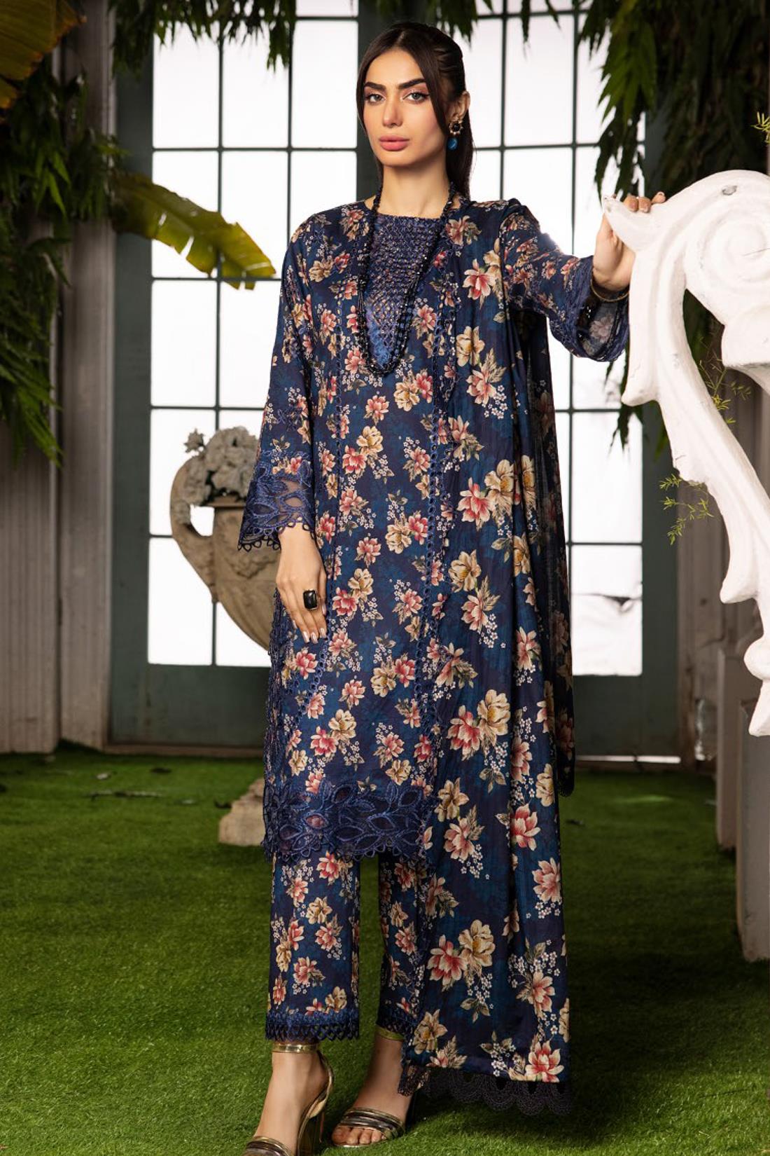 Navy Embroidered Organza Ladies Readymade