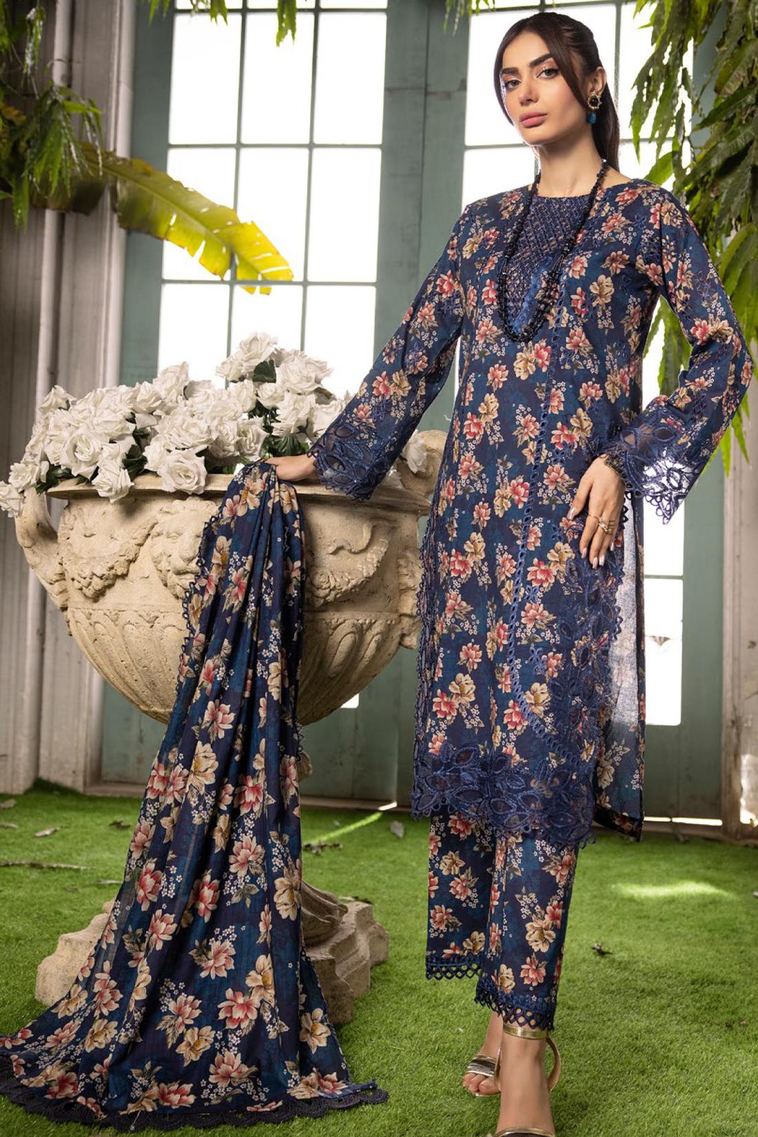 Navy Embroidered Organza Ladies Readymade