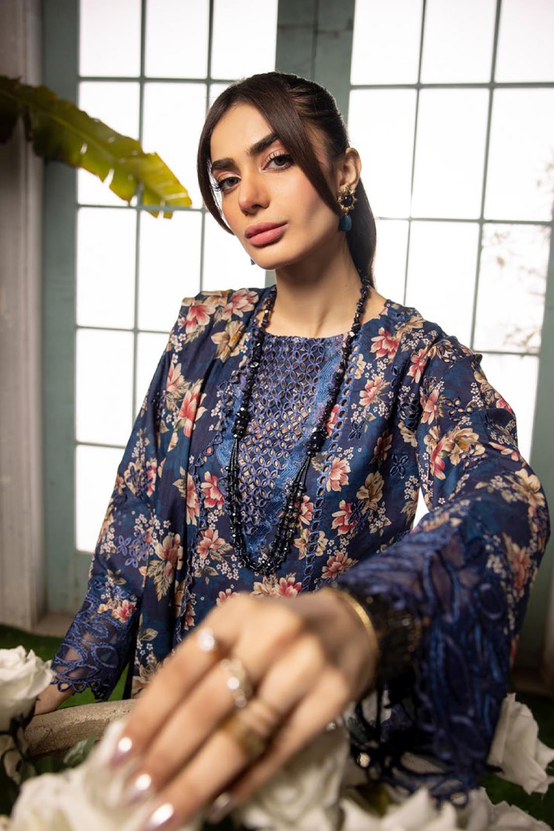 Navy Embroidered Organza Ladies Readymade
