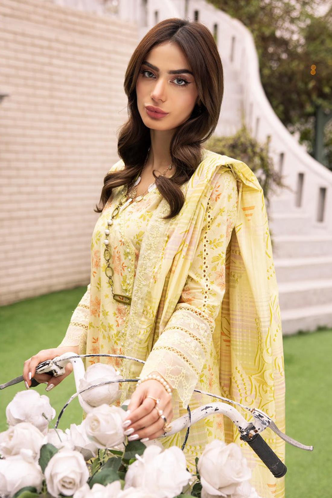 Lemon Embroidered Organza Ladies Readymade