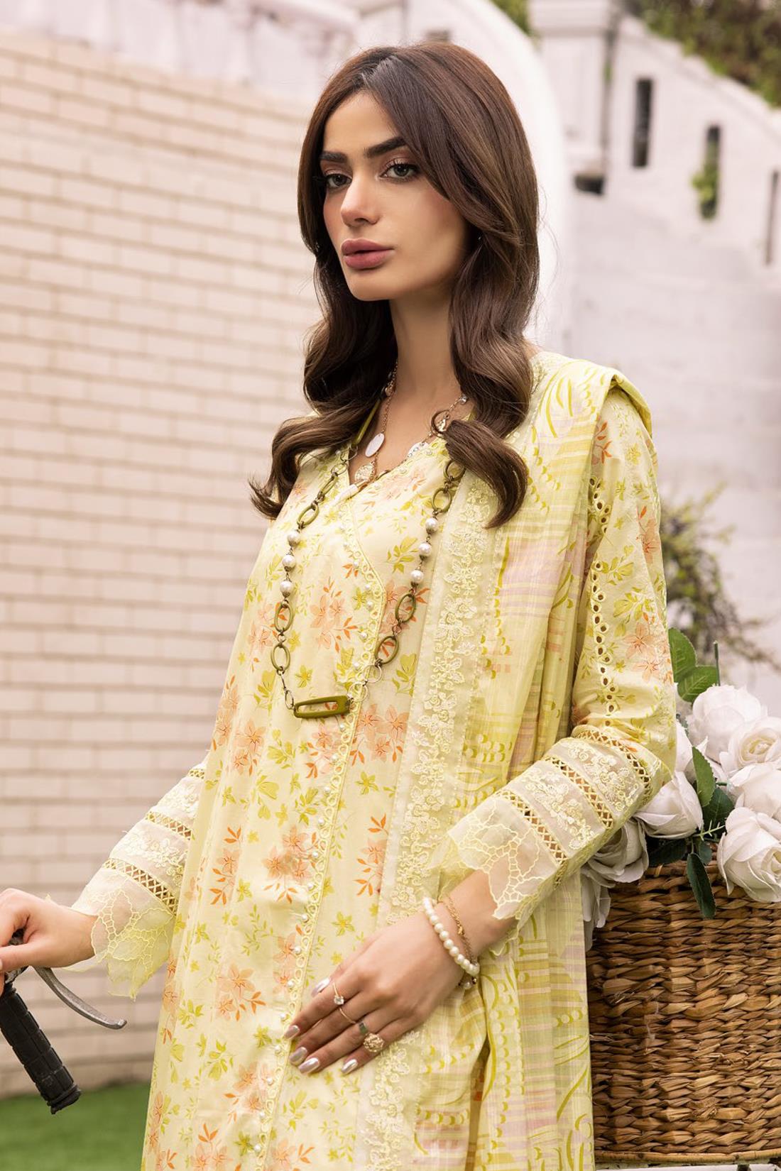 Lemon Embroidered Organza Ladies Readymade