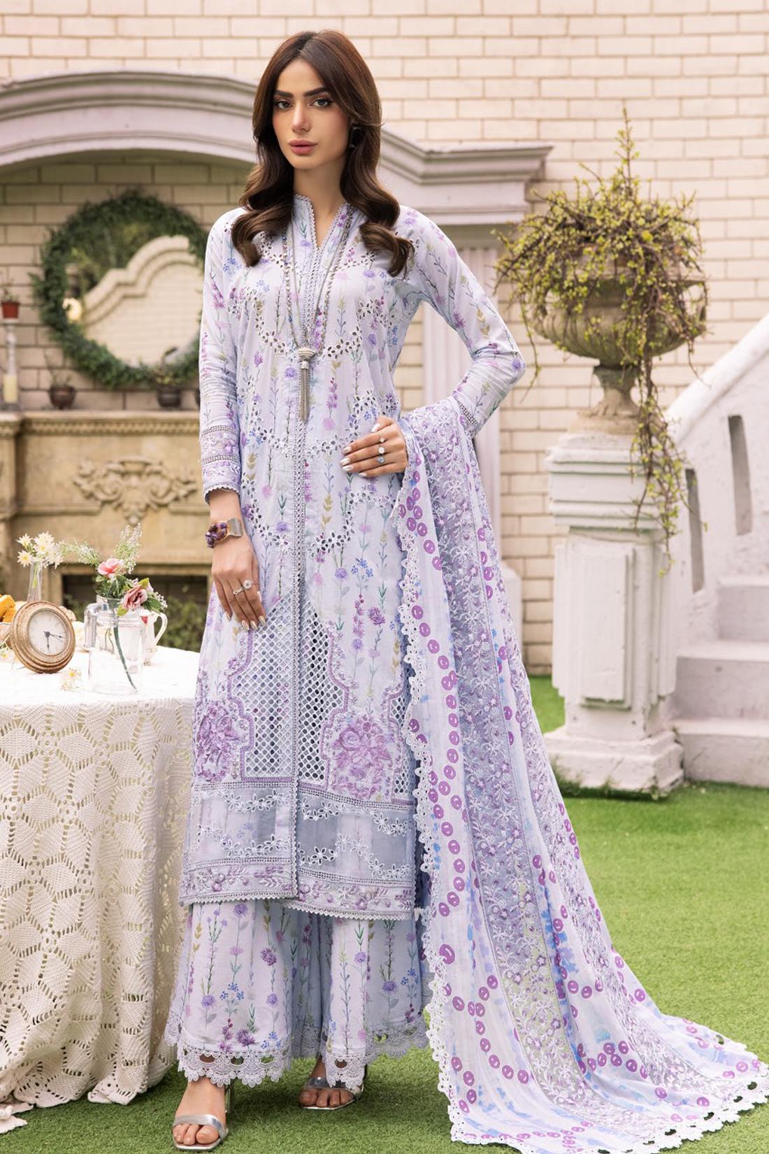 Lilac Blue Embroidered Organza Ladies Readymade