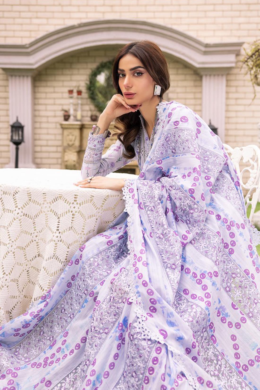 Lilac Blue Embroidered Organza Ladies Readymade