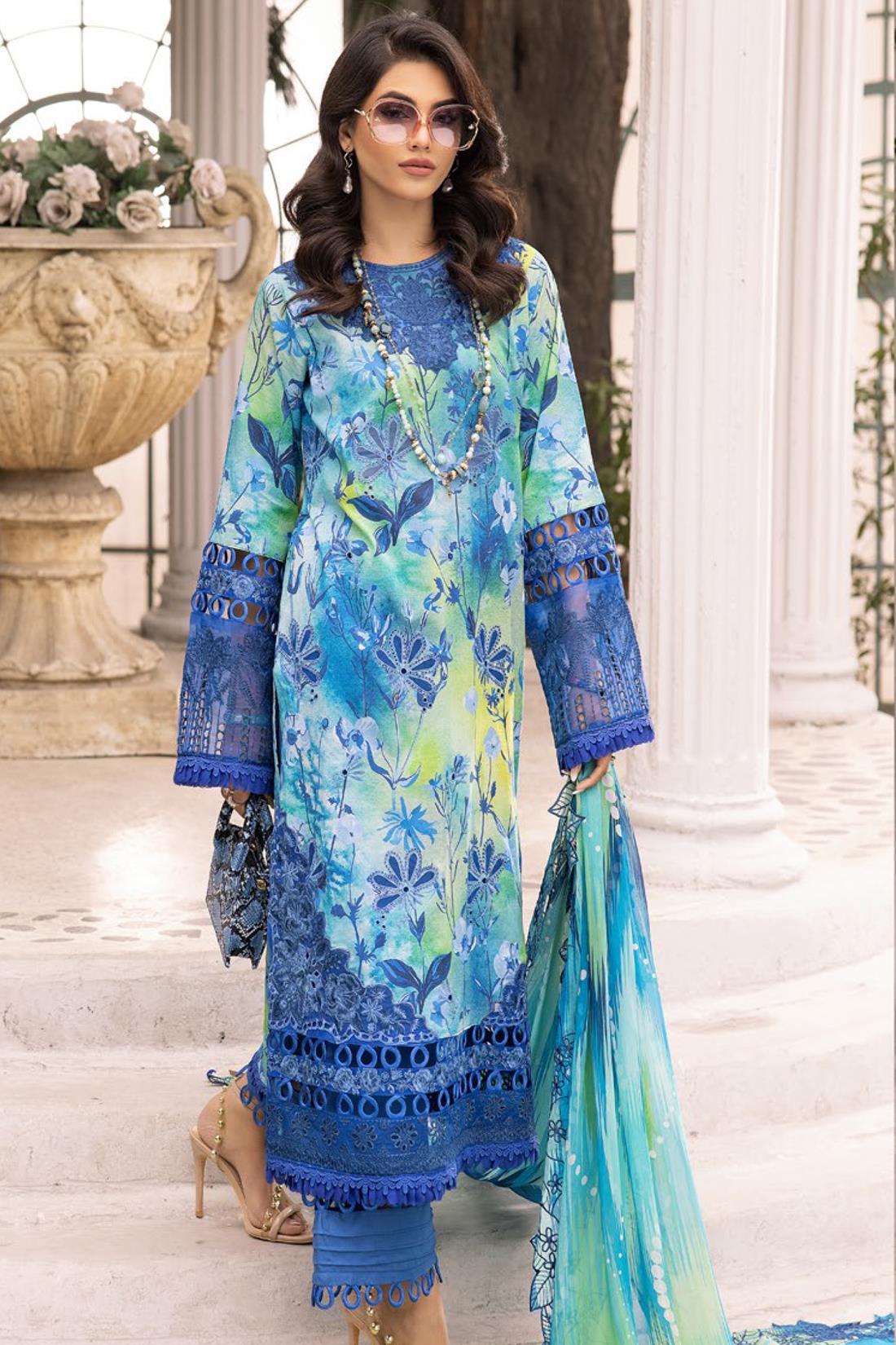 Blue & Multicolour Embroidered Chiffon Ladies Readymade