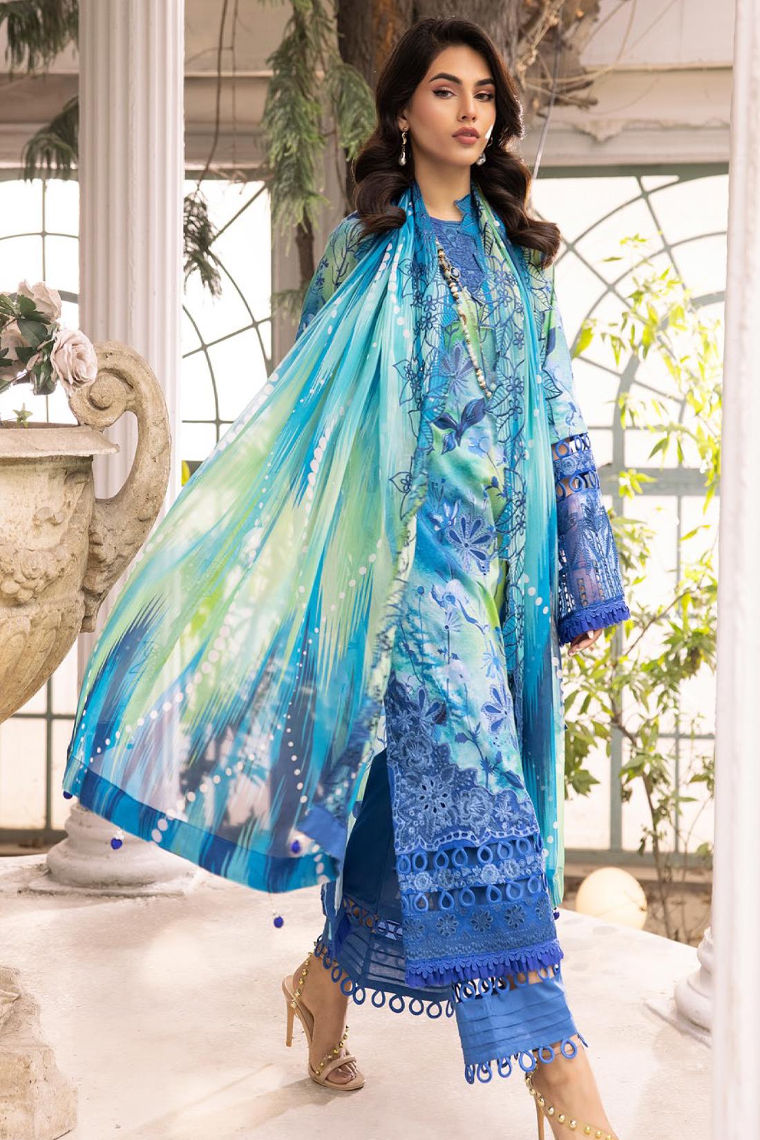 Blue & Multicolour Embroidered Chiffon Ladies Readymade