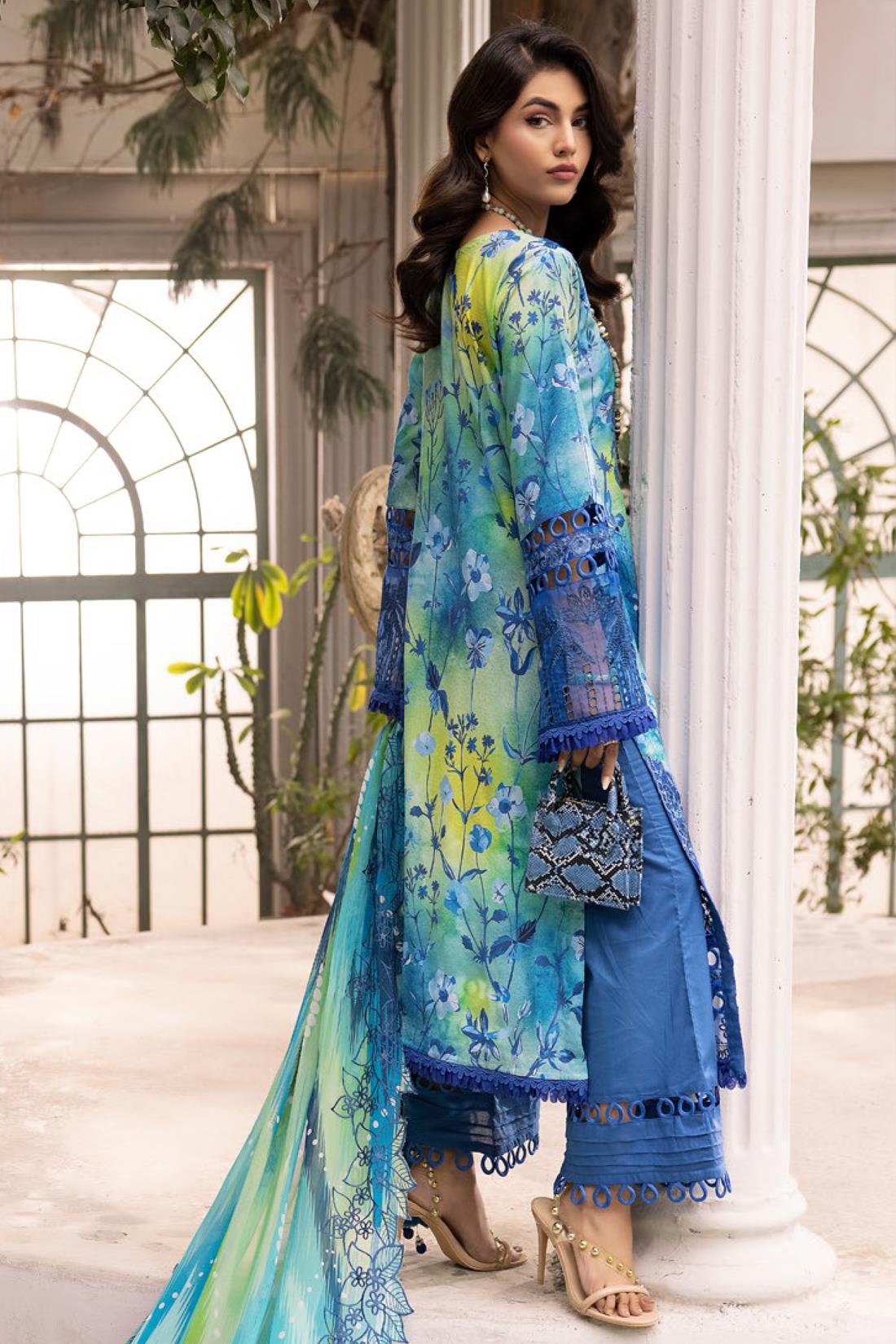 Blue & Multicolour Embroidered Chiffon Ladies Readymade