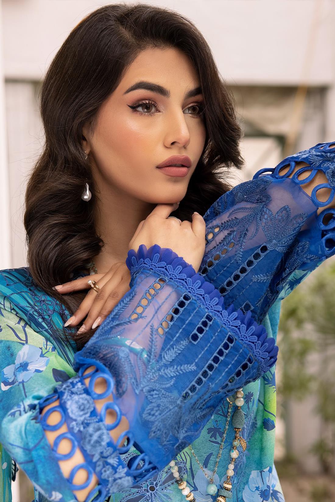 Blue & Multicolour Embroidered Chiffon Ladies Readymade