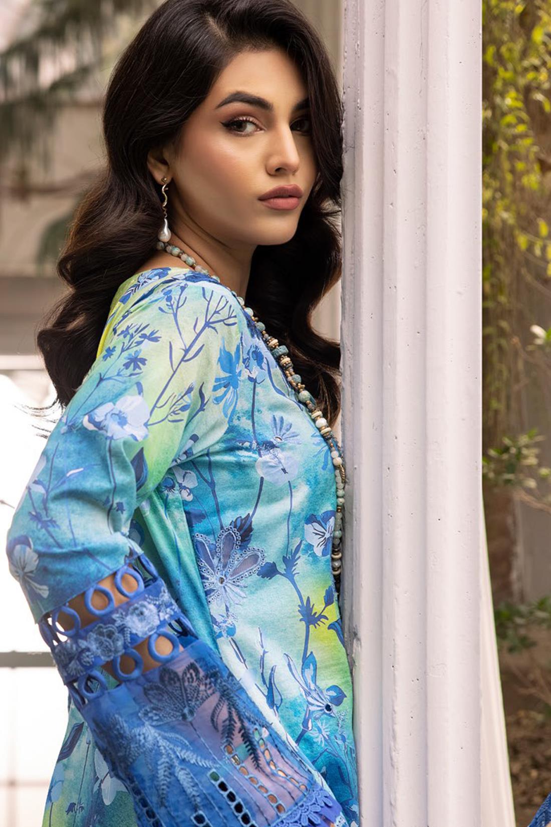 Blue & Multicolour Embroidered Chiffon Ladies Readymade