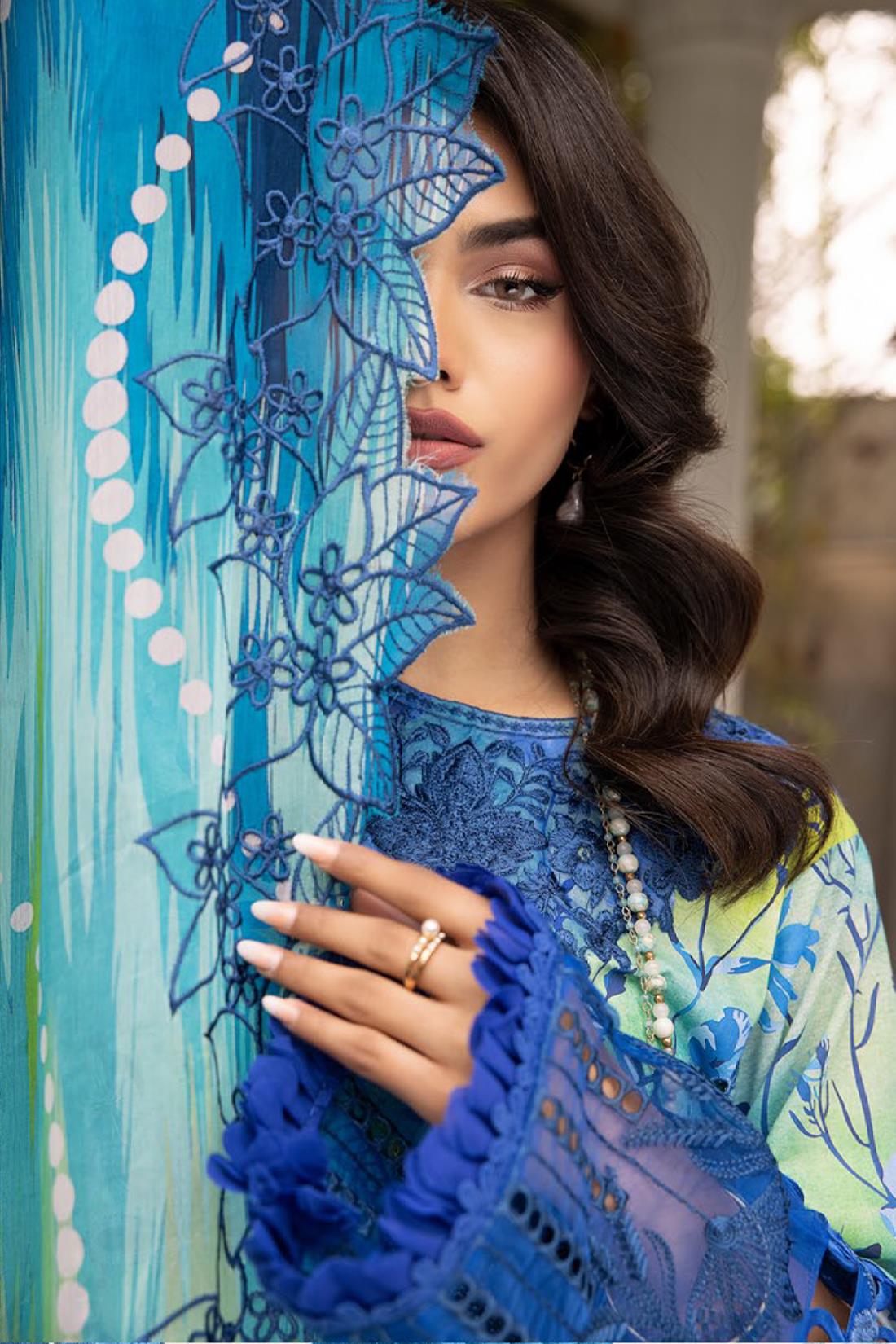 Blue & Multicolour Embroidered Chiffon Ladies Readymade