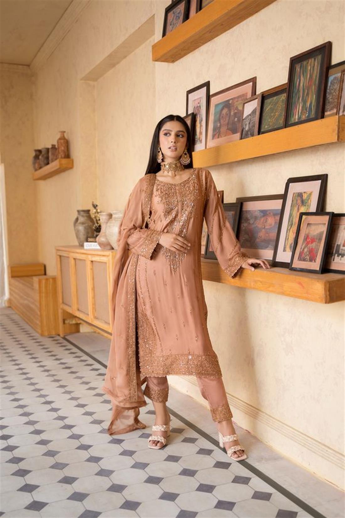 Caramel Brown Sequinned Chiffon Luxury Pret