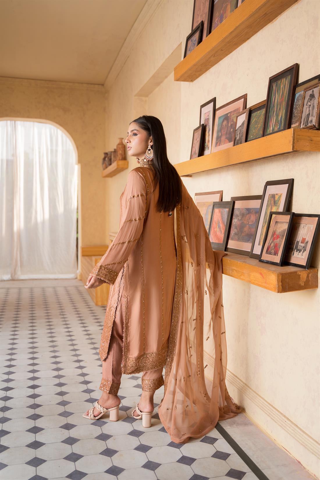 Caramel Brown Sequinned Chiffon Luxury Pret