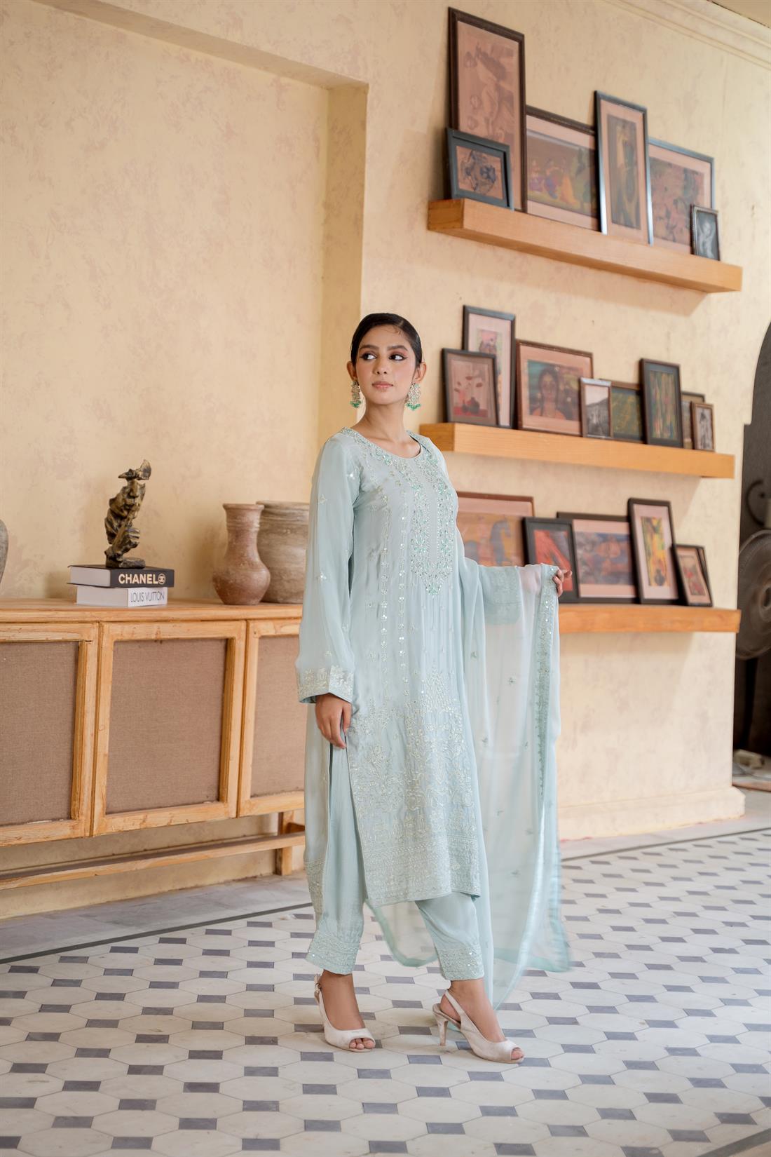 Pastel Green Sequinned Chiffon Luxury Pret