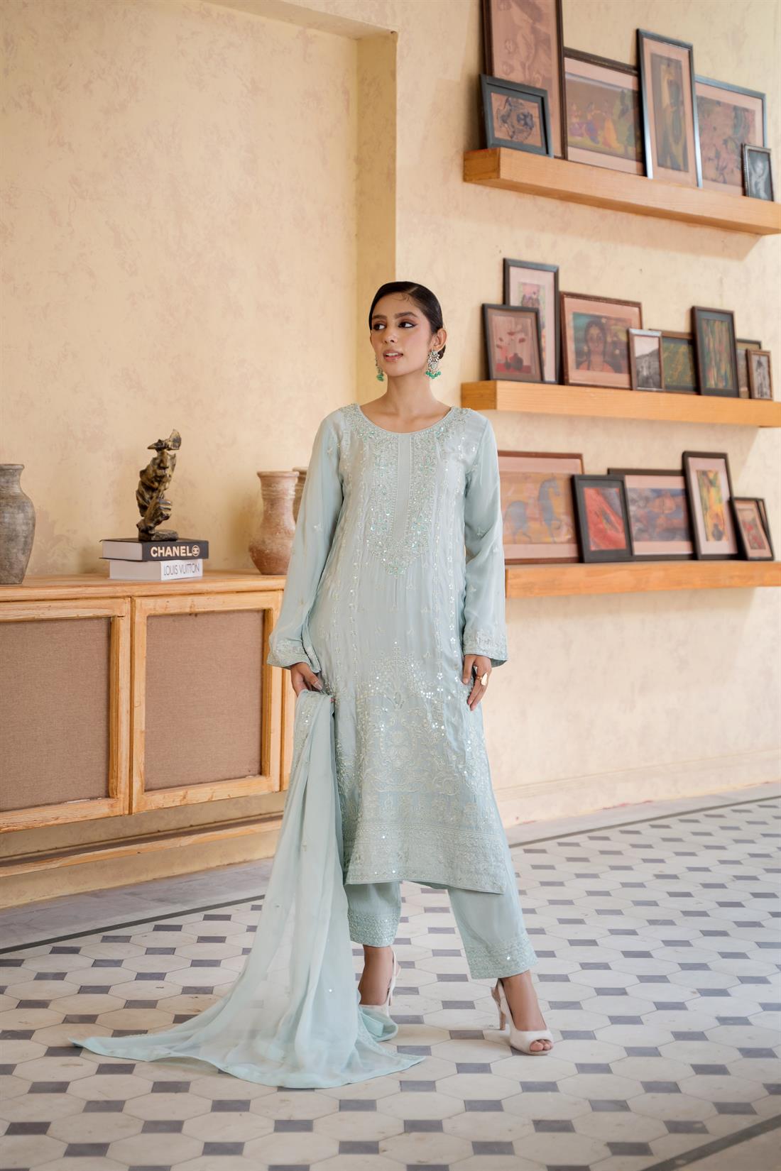 Pastel Green Sequinned Chiffon Luxury Pret