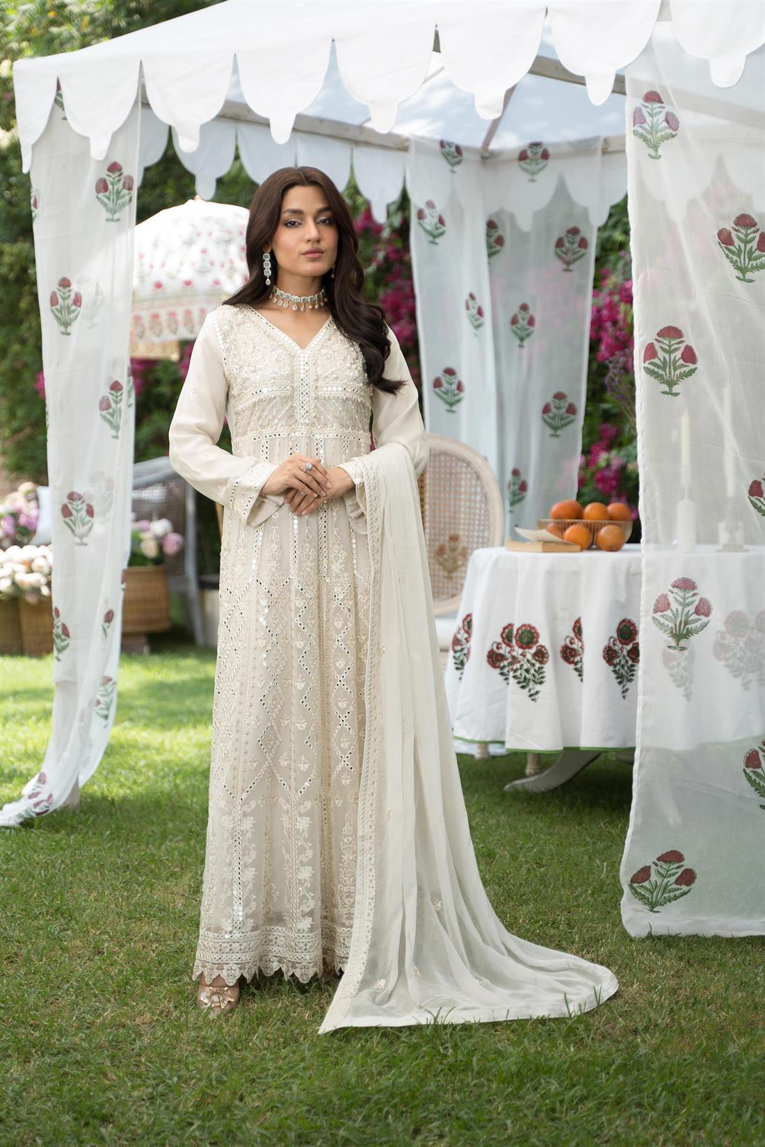 Ivory Embroidered Chiffon Beautiful Long Dress