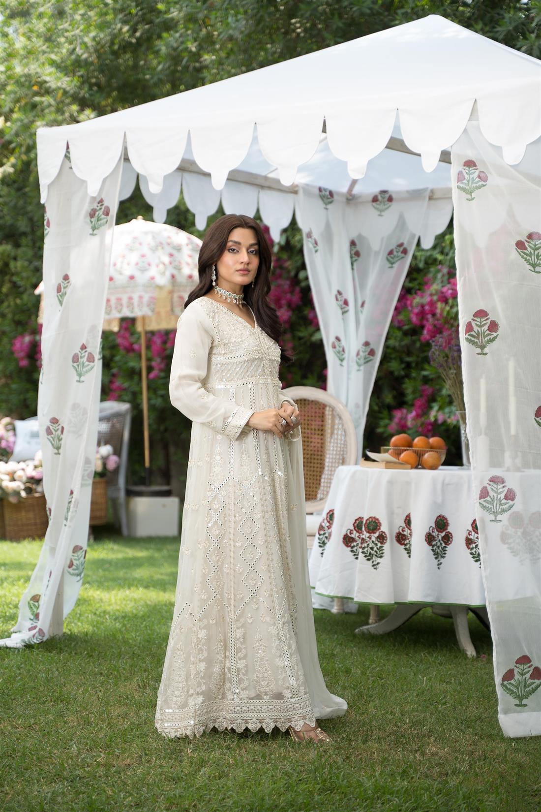Ivory Embroidered Chiffon Beautiful Long Dress