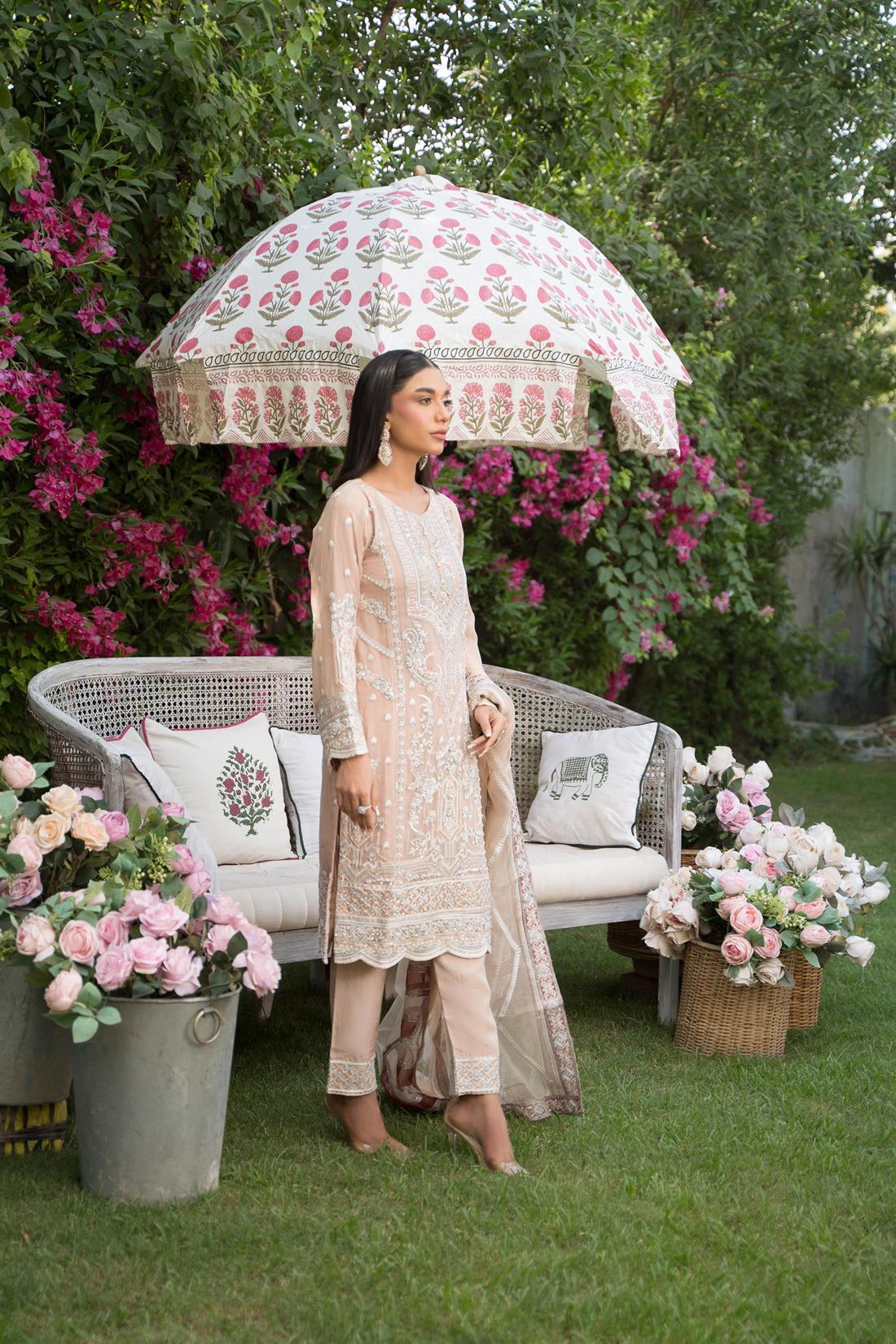 Peach Embroidered Raw Silk Beautiful Chiffon Suit
