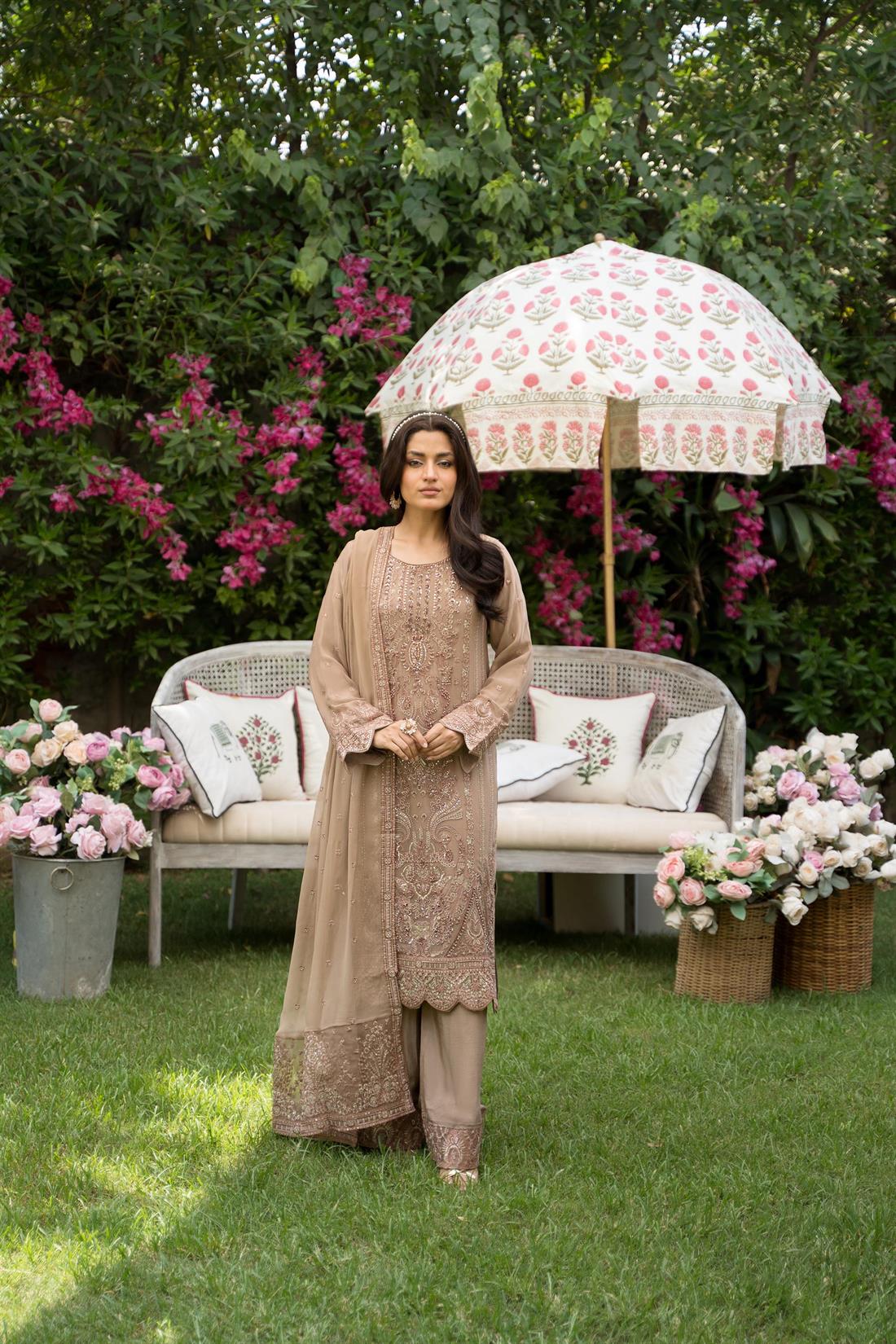 Dusty Pink Sequinned Embroided Chiffon Suit