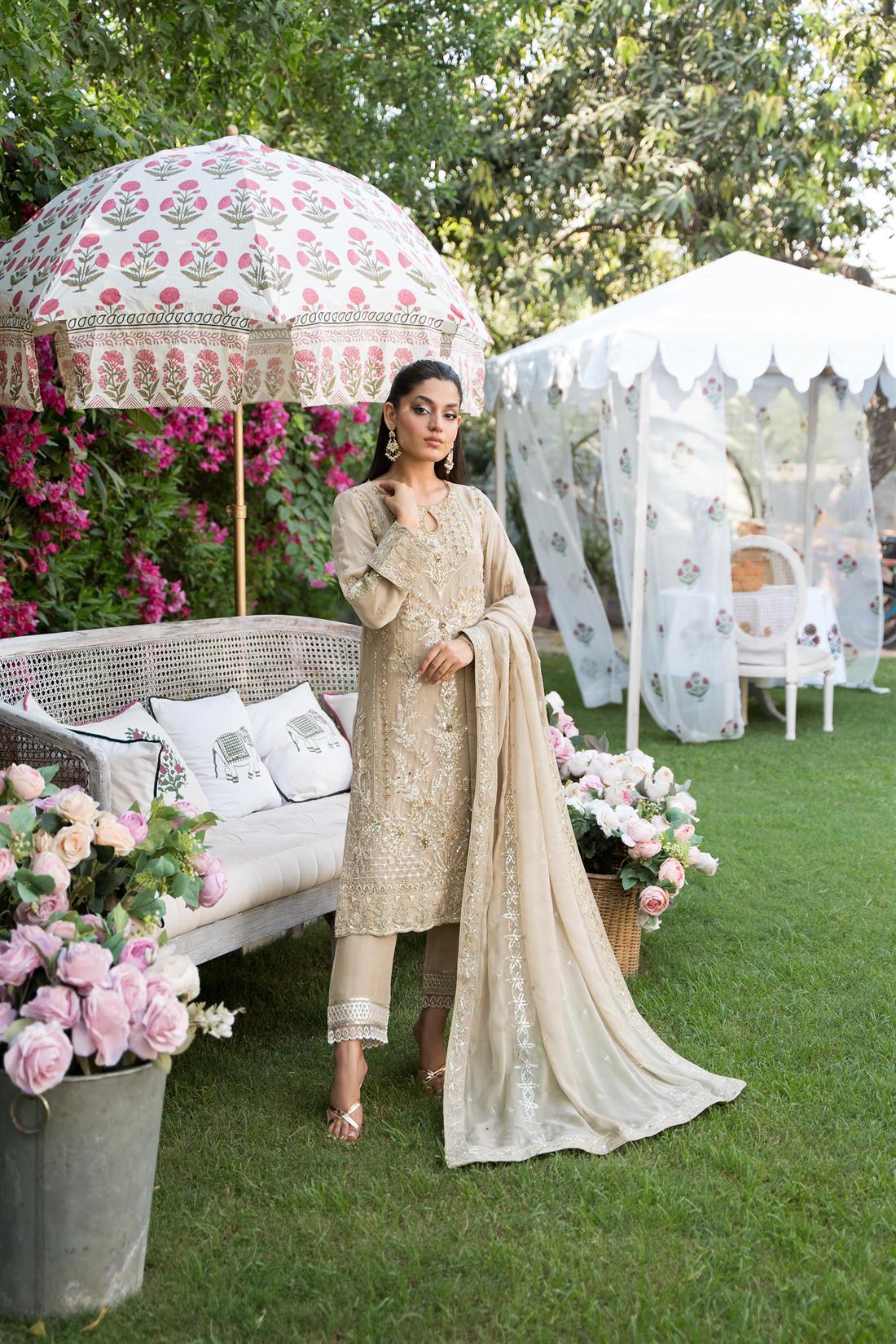Beige Sequinned Beautiful Chiffon 3 Piece Suit
