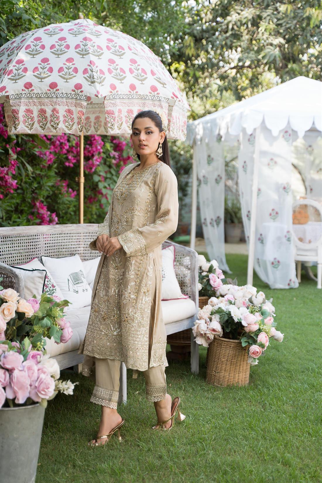 Beige Sequinned Beautiful Chiffon 3 Piece Suit