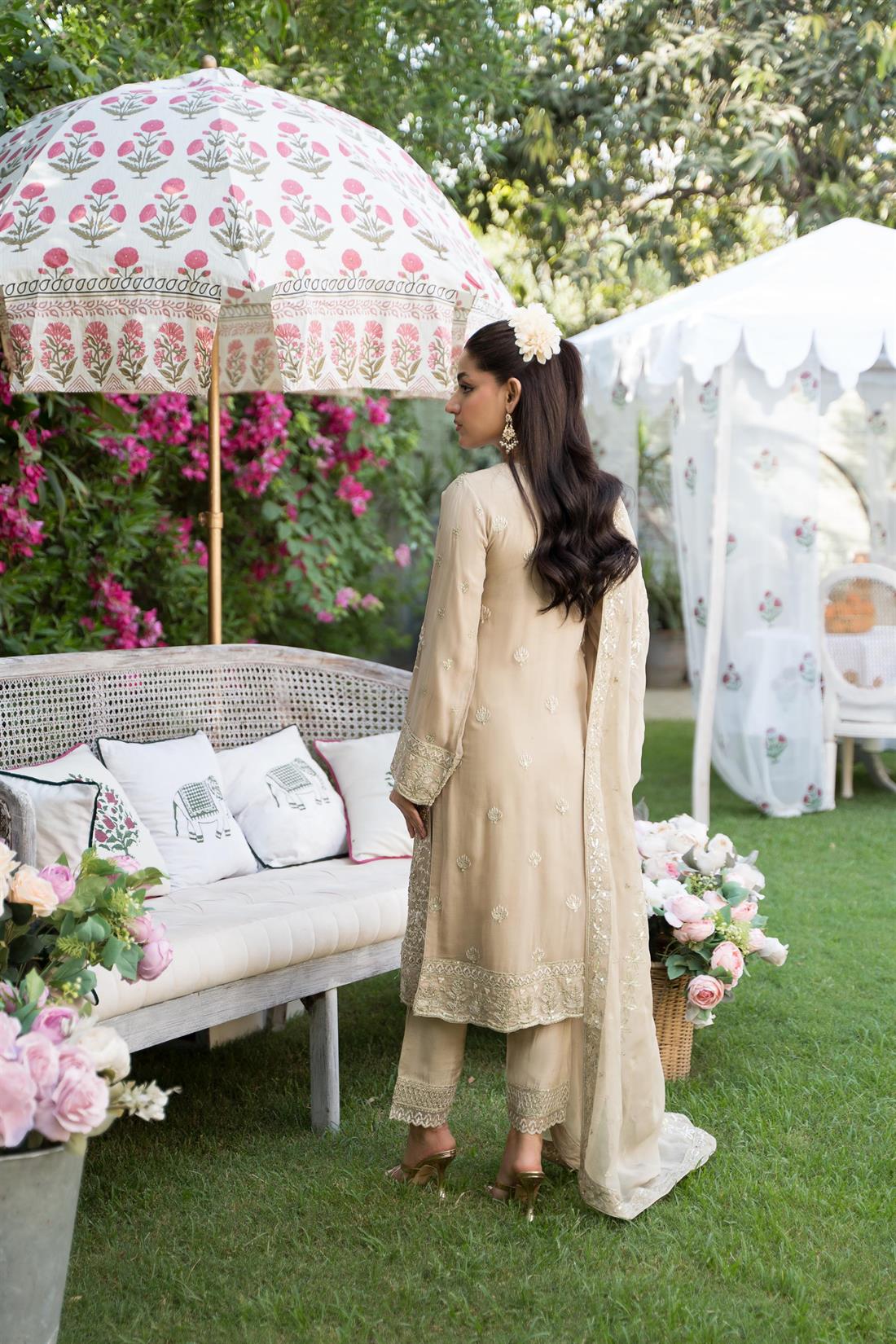 Beige Sequinned Beautiful Chiffon 3 Piece Suit