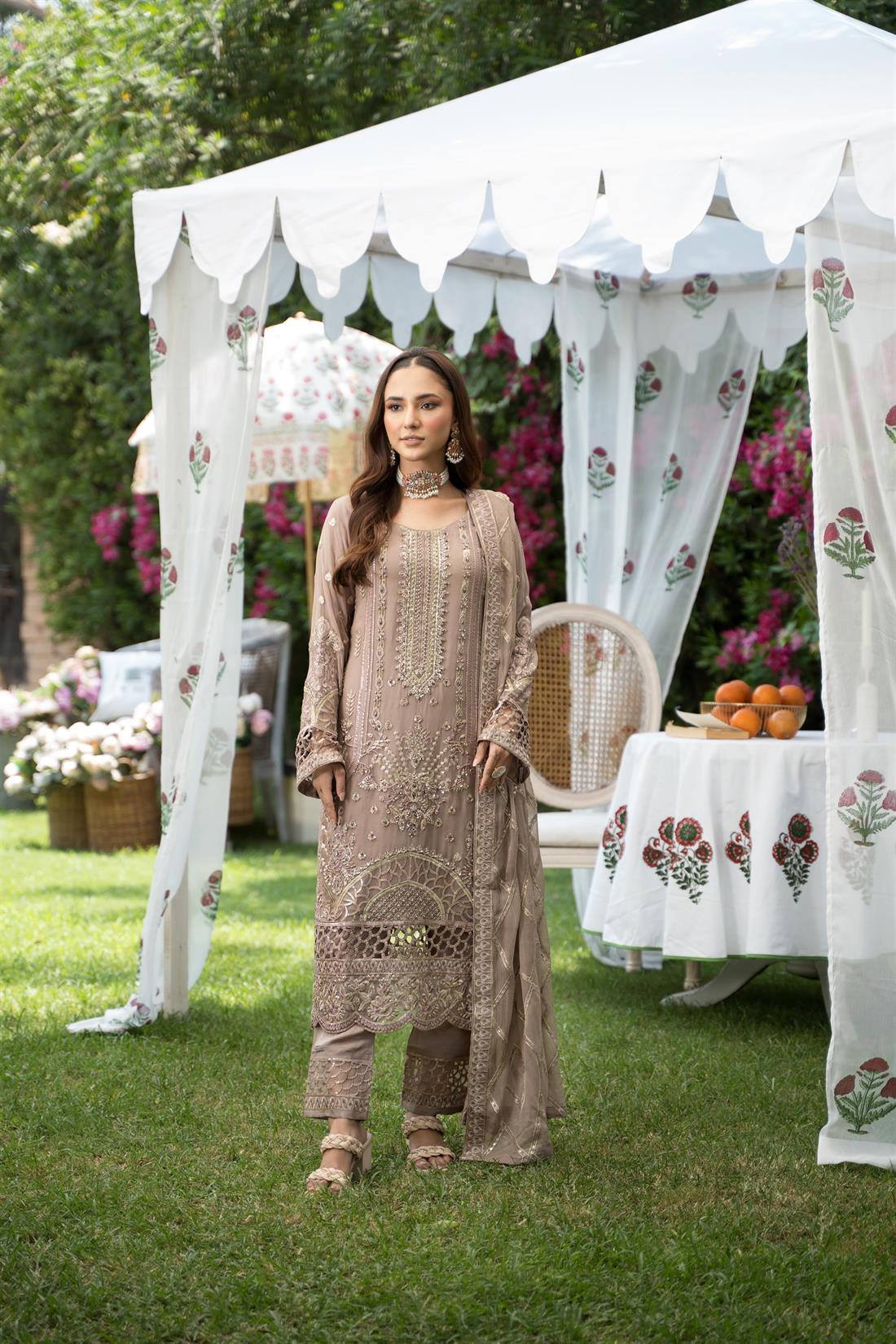 Mauve Sequinned Embroided Chiffon 3 Piece Suit
