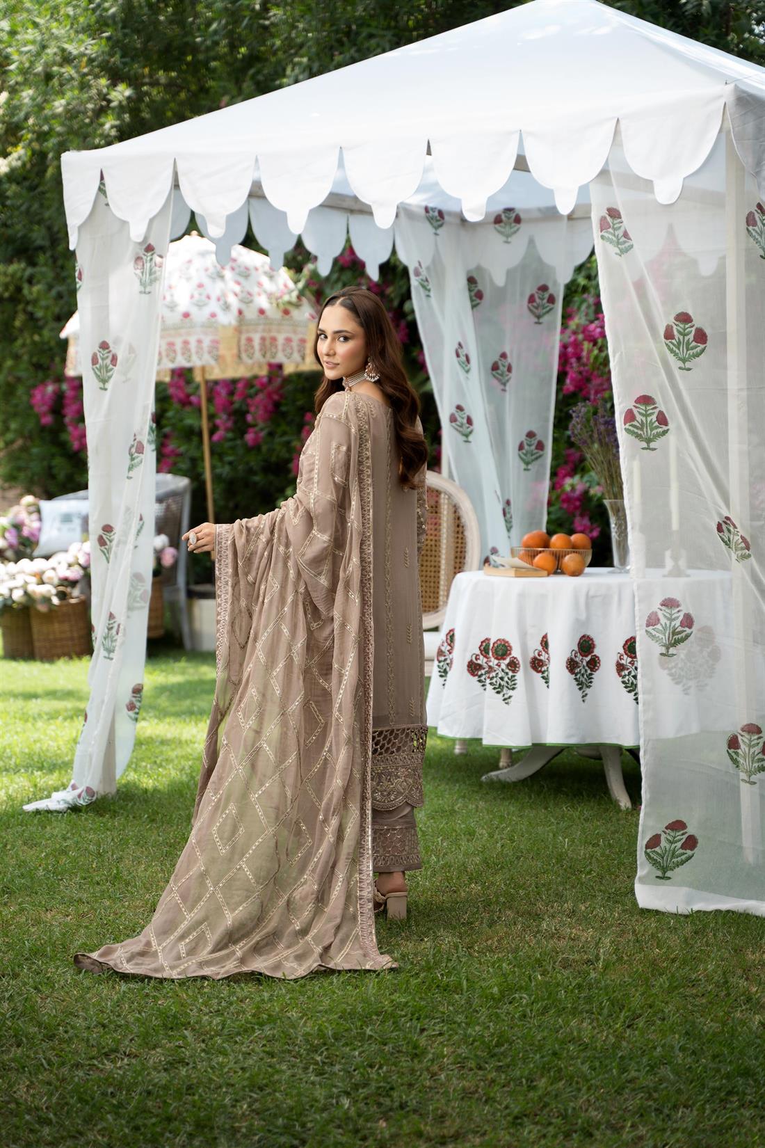 Mauve Sequinned Embroided Chiffon 3 Piece Suit
