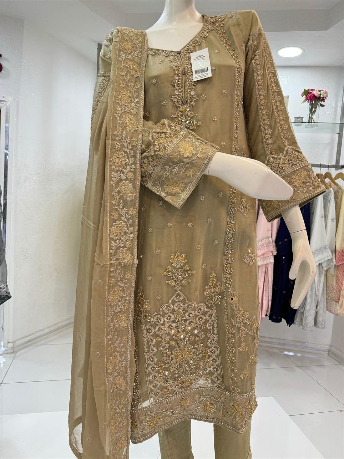 Beige Sequinned Chiffon 3 Piece Suit