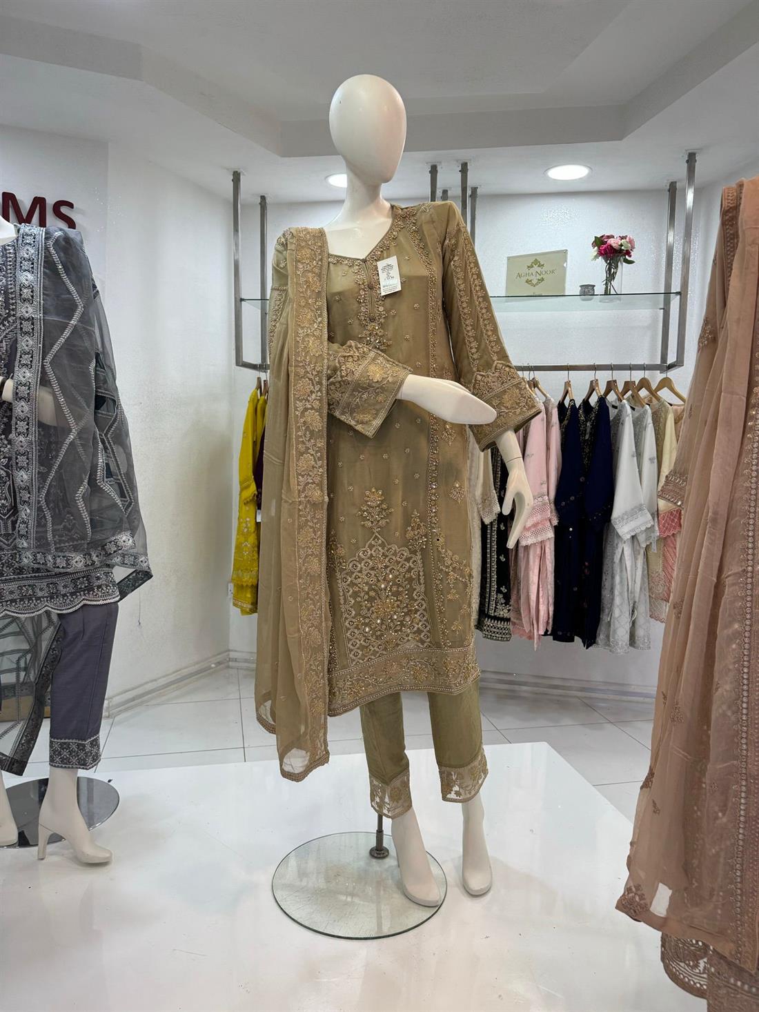 Beige Sequinned Chiffon 3 Piece Suit