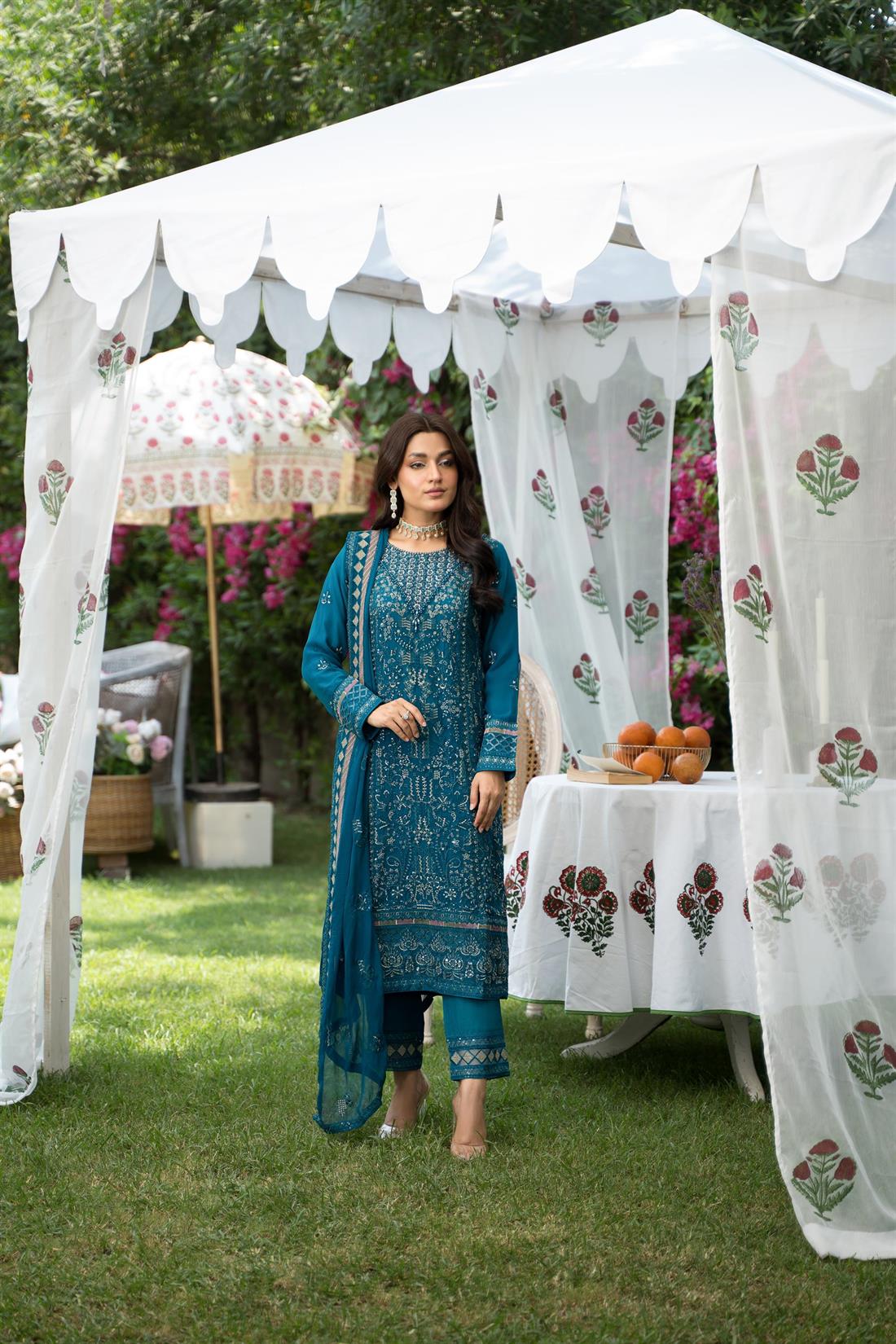 Teal Blue Sequinned Chiffon 3 Piece Suit