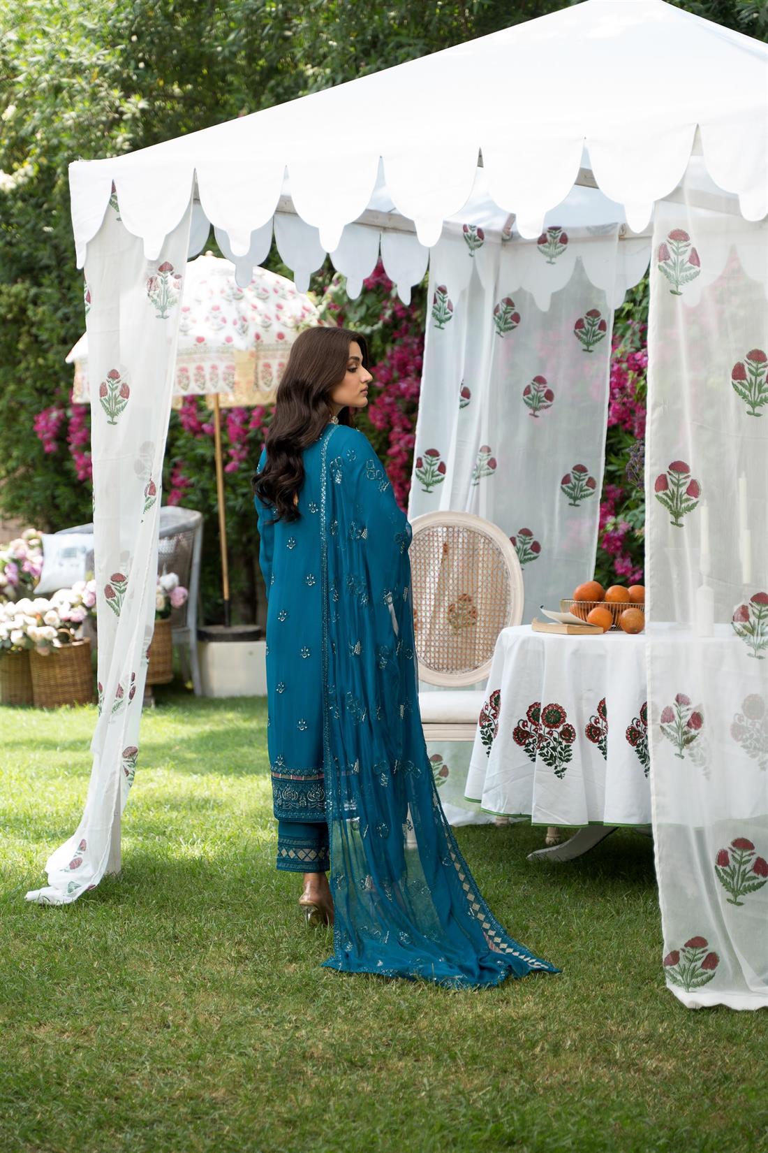 Teal Blue Sequinned Chiffon 3 Piece Suit
