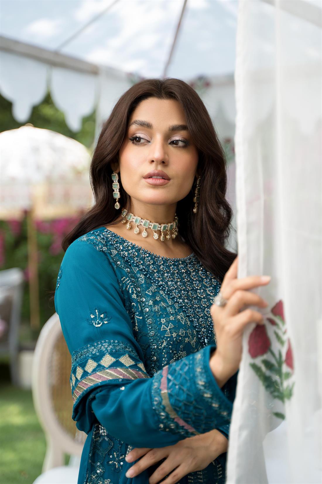 Teal Blue Sequinned Chiffon 3 Piece Suit
