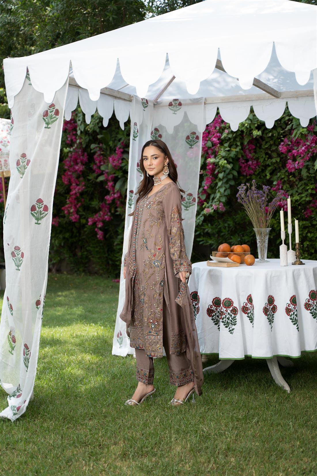 Mocca Sequinned Embroided Chiffon Suit