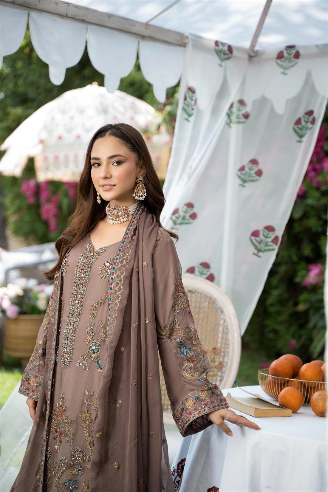 Mocca Sequinned Embroided Chiffon Suit
