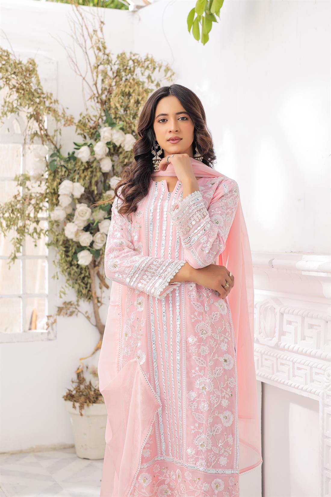 Baby Pink Sequinned Stunnig Chiffon 3 Piece Suit