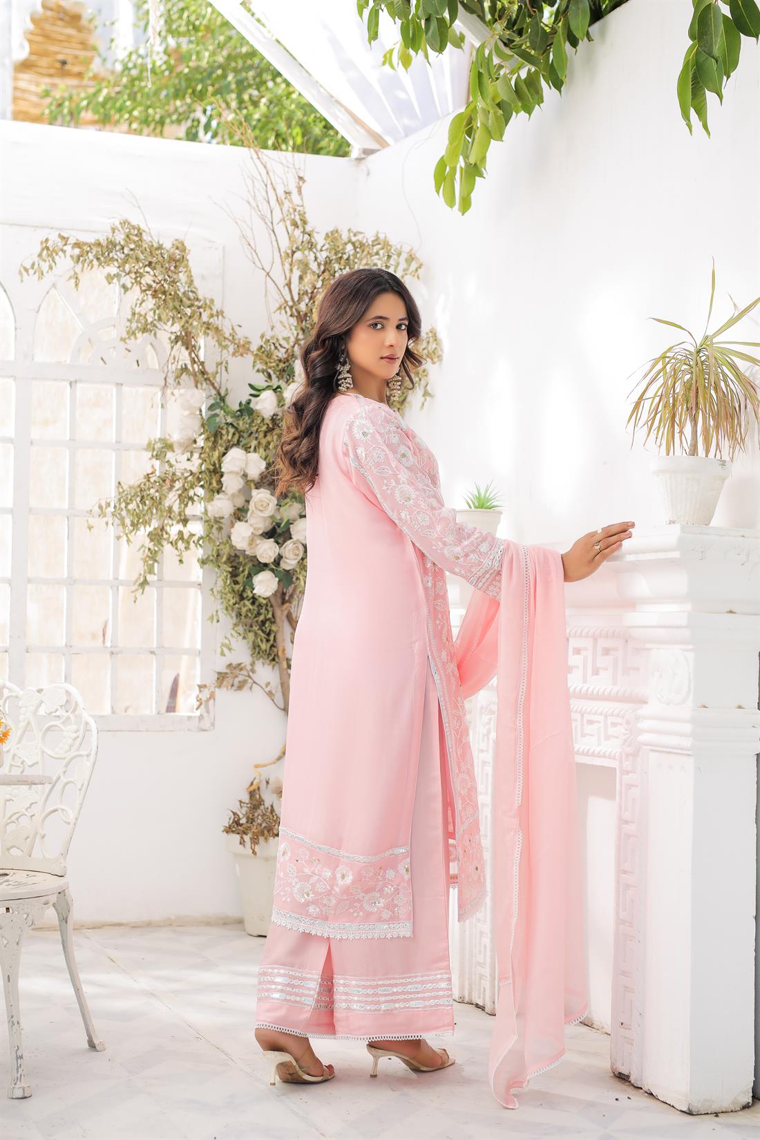 Baby Pink Sequinned Stunnig Chiffon 3 Piece Suit