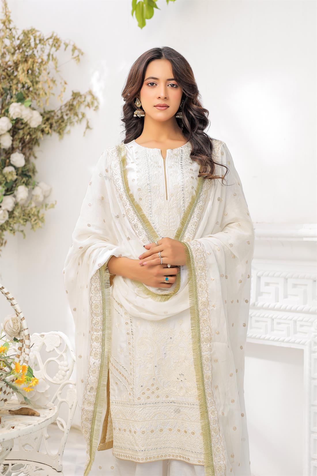 Off White Sequinned Chiffon Beautiful Silk Suit