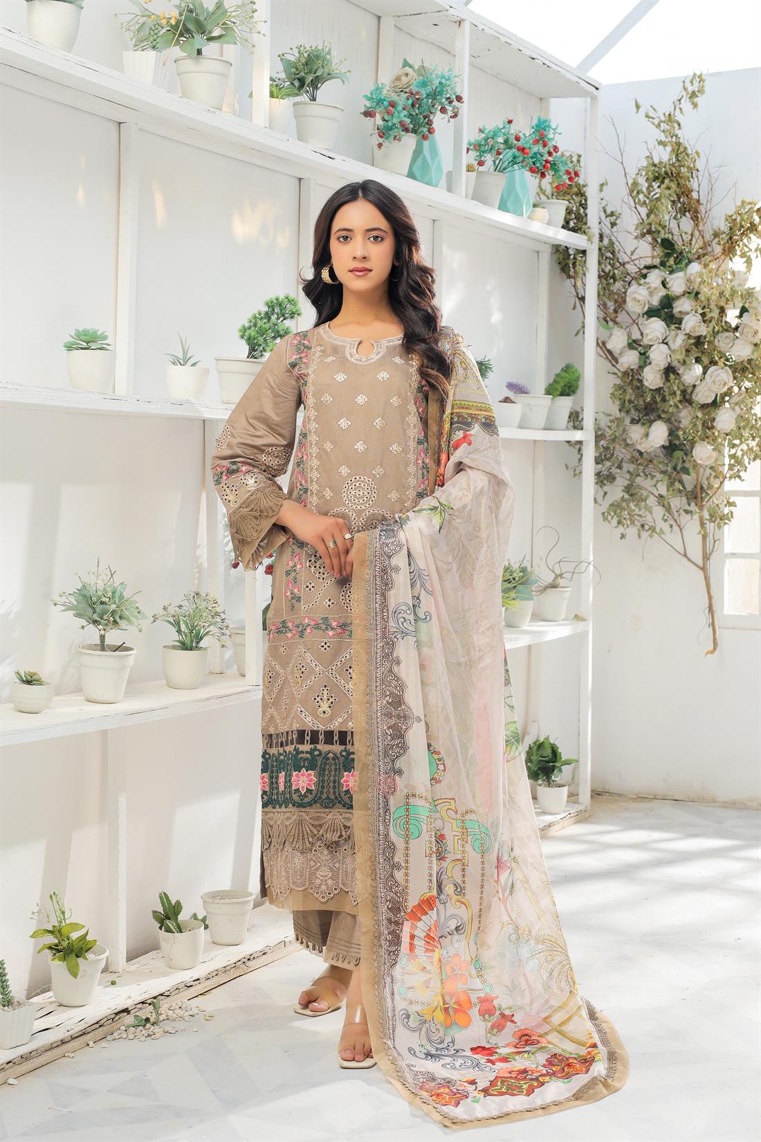 Beige & Multicolour Embroidered Organza Ladies Readymade