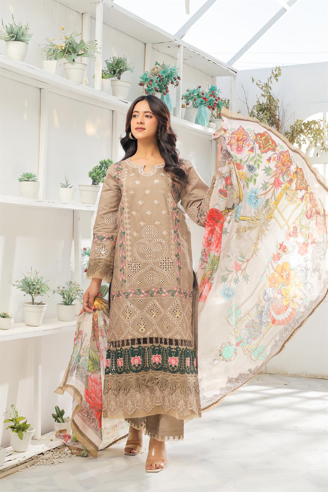 Beige & Multicolour Embroidered Organza Ladies Readymade