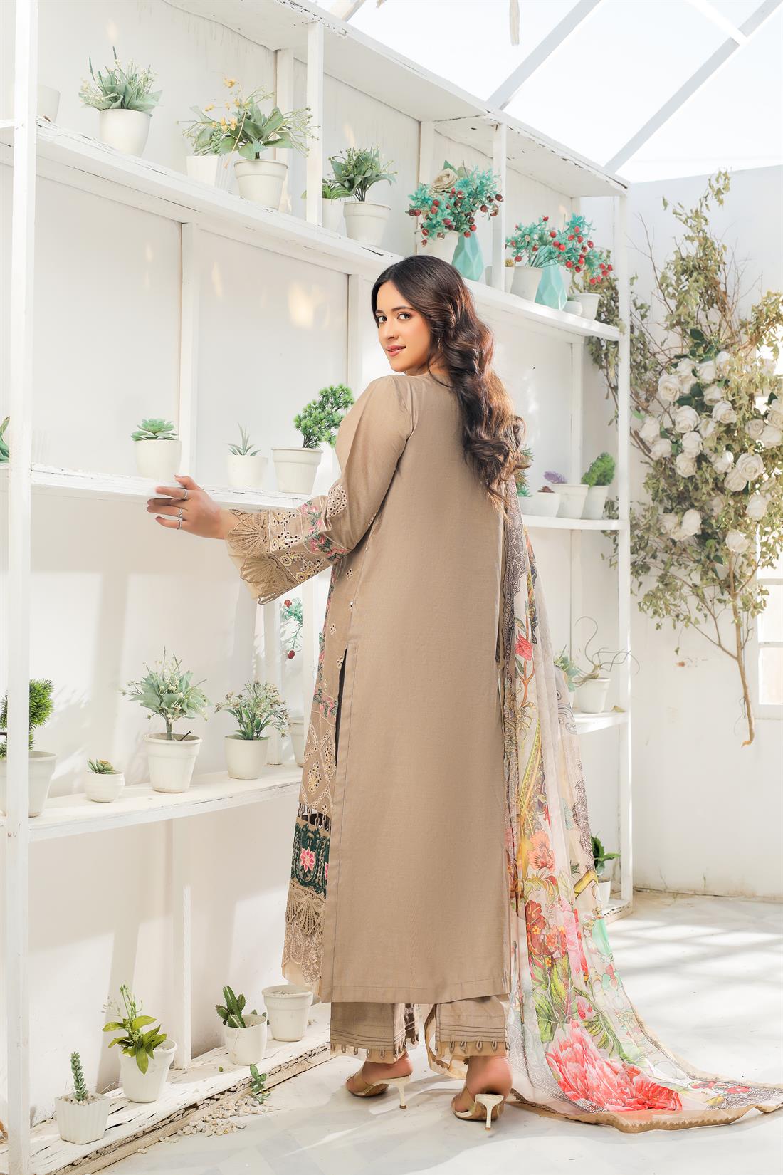 Beige & Multicolour Embroidered Organza Ladies Readymade